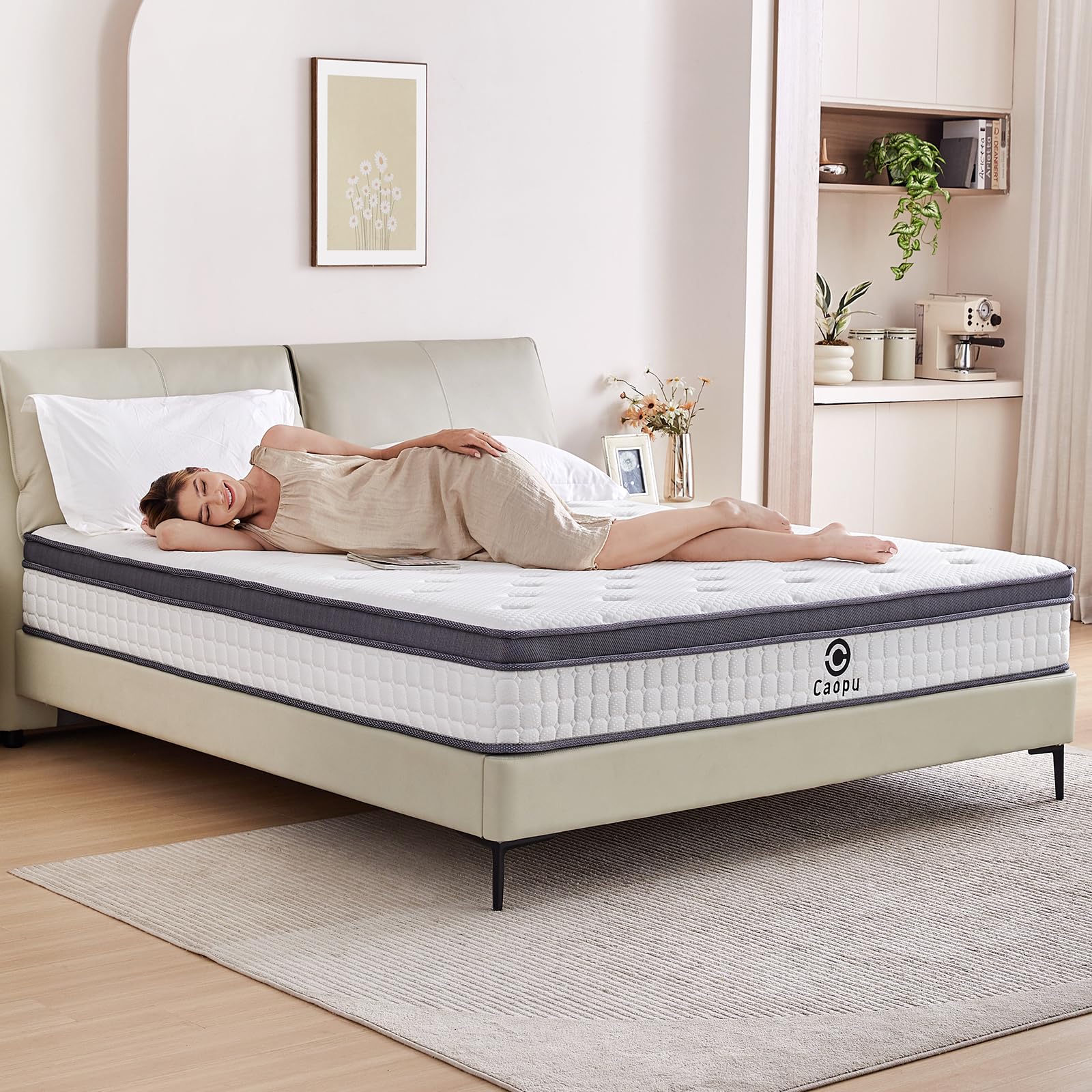 Caopu Queen Mattress, 12 Inch Hybrid Mattress Queen Size In A Box, Medium Firm, Pressure Relief & Motion Isolation, Gel Memory F