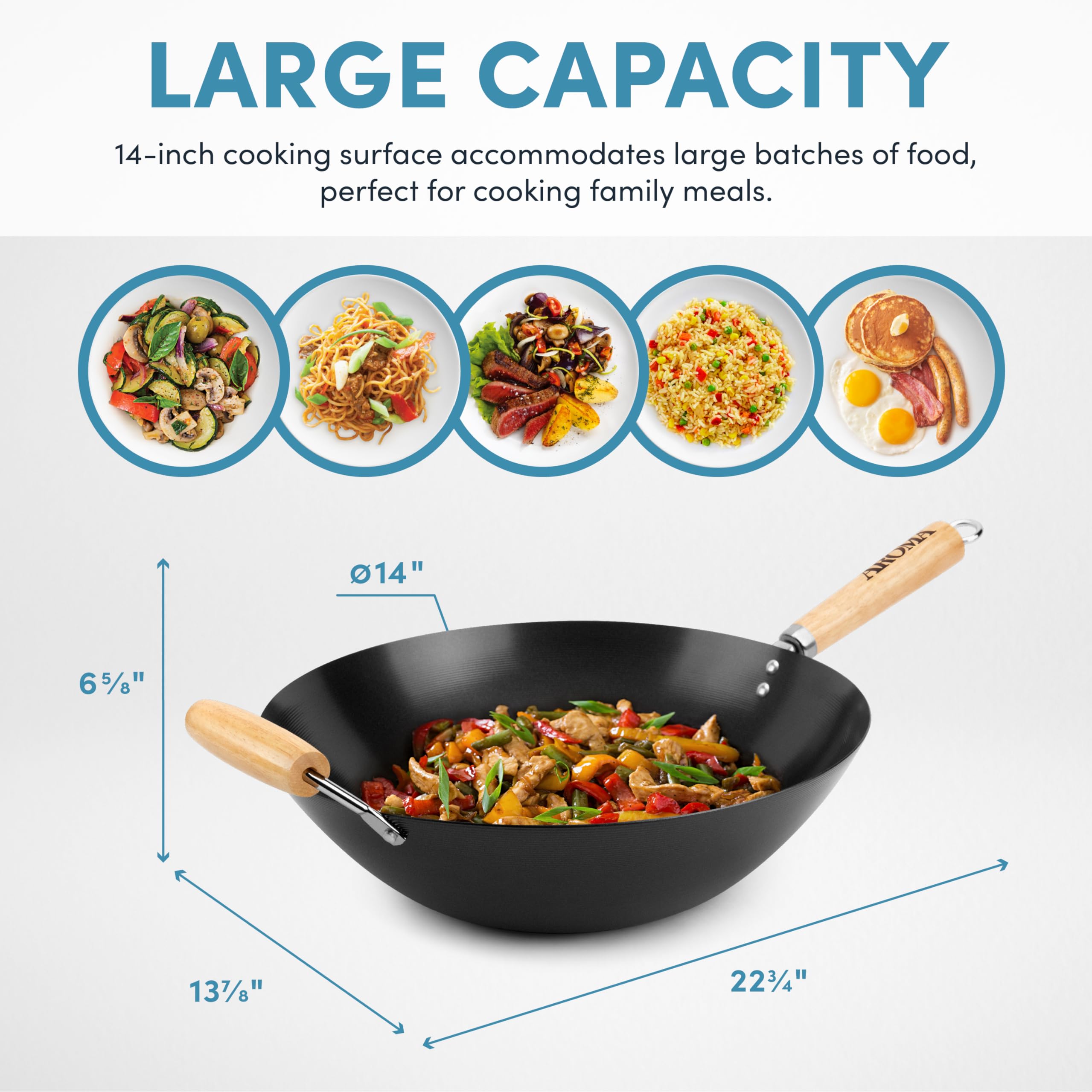 Aroma Housewares 14'' Heavy Duty Carbon Steel Cookware (Anw-102) Non-Stick Wok, Black