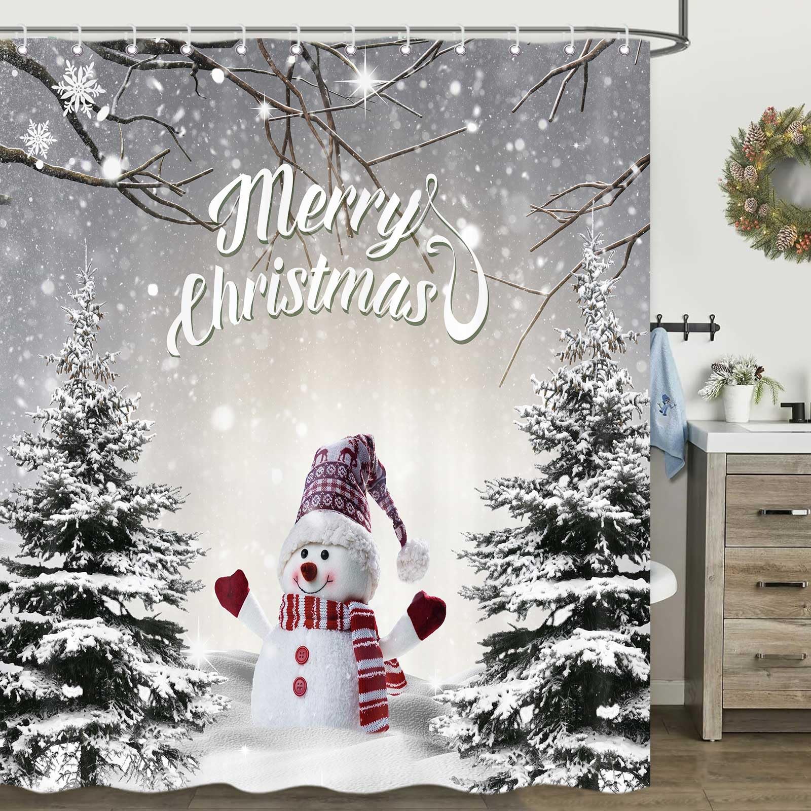 Icteisom Christmas Snowman Shower Curtain, Cute Snowman Snowflake Forest Grey Winter Fabric Shower Curtains For Bathroom, Xmas H