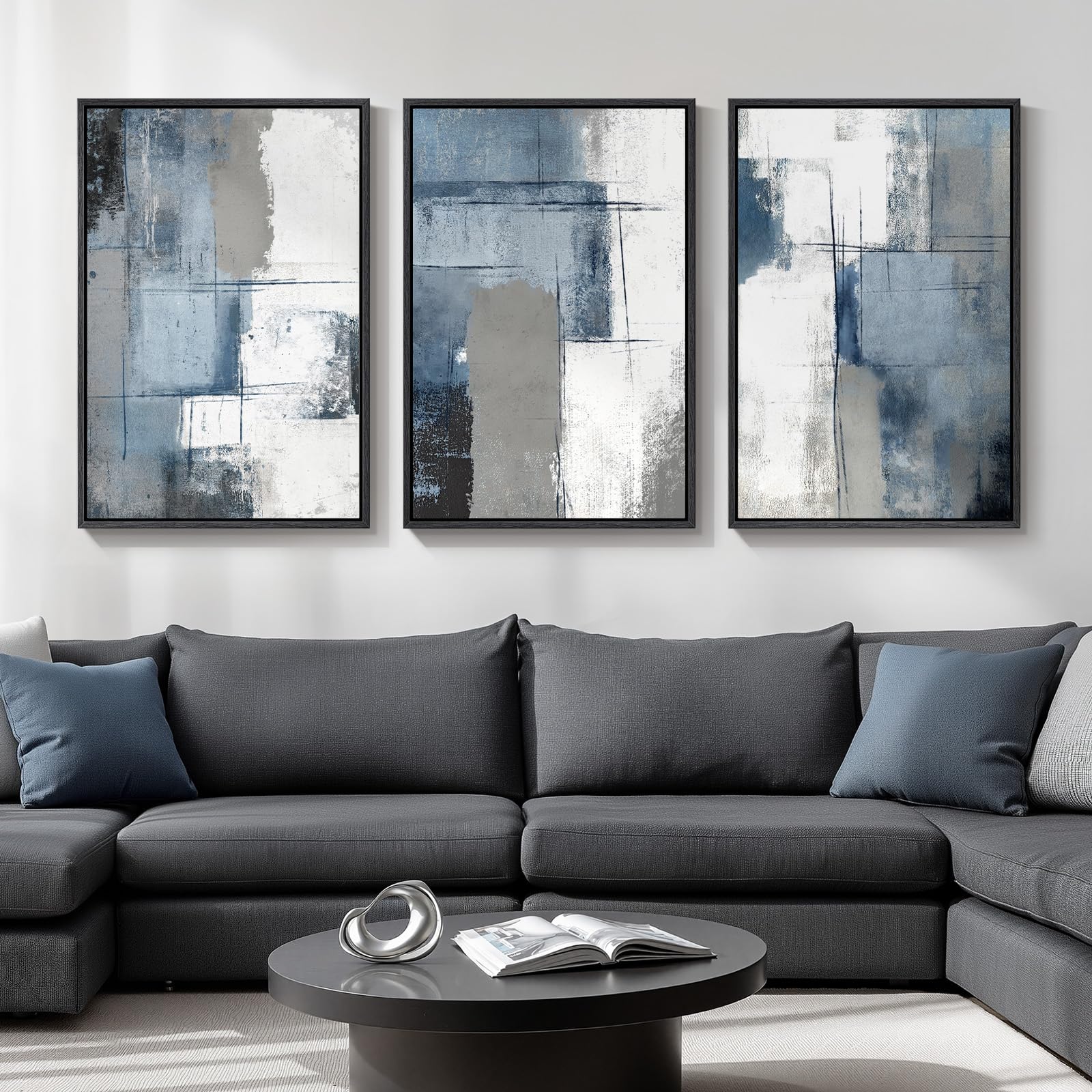 Large Framed Blue And Grey Abstract Wall Art, 3 Piece Modern Canvas Prints Paintings Artwork For Walls, Minimalist Abstract Bloc