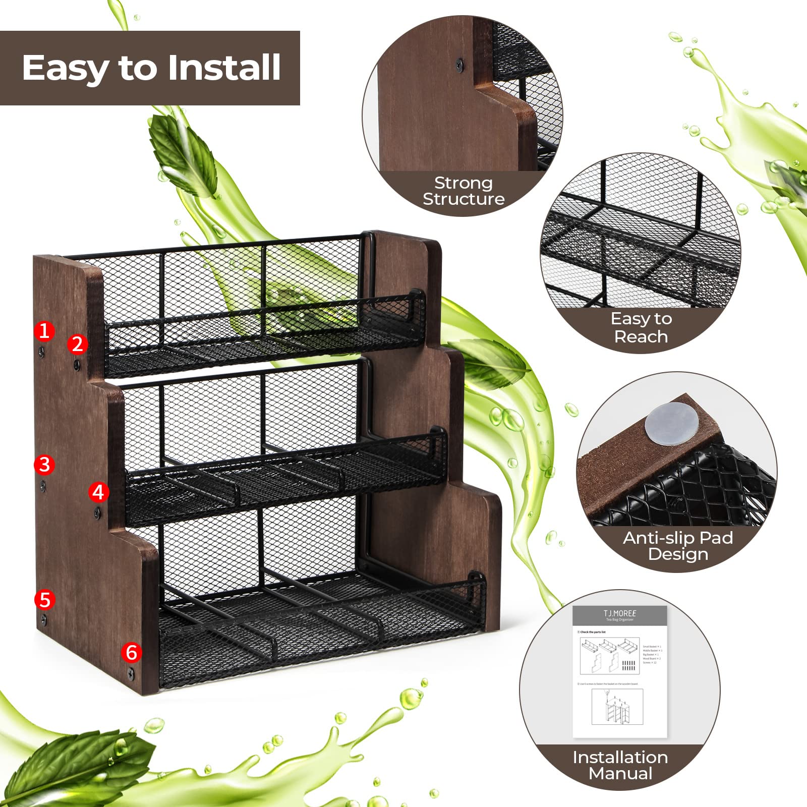 Tj.Moree Tea Bag Organizer 3 Tier Tea Storage, Solid Wood Tea Storage Chests For Kitchen, Office, Countertop, Cabinet Pantry, Te
