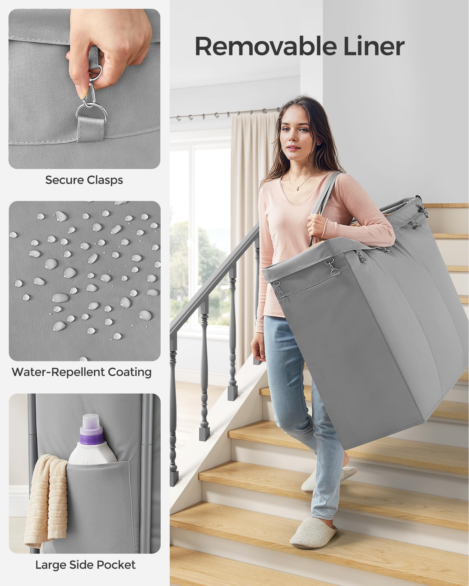 Songmics Laundry Basket With Wheels, 3-Section Rolling Laundry Hamper, 52.8 Gallons (200L), Removable Liner, Steel Frame With Ha