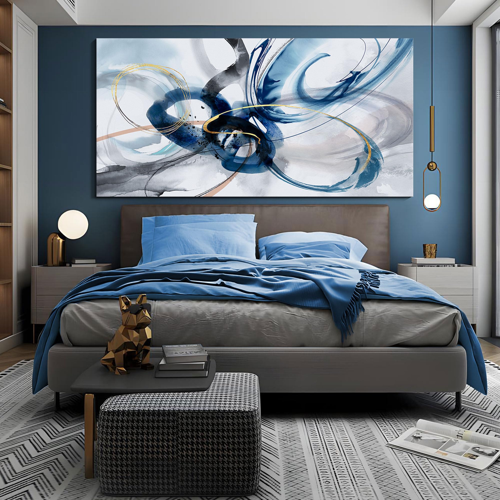 Yiijeah Modern Large Abstract Wall Art - Bright And Bold Line Design - Blue And White Canvas Picture Artwork Wall Art For Living
