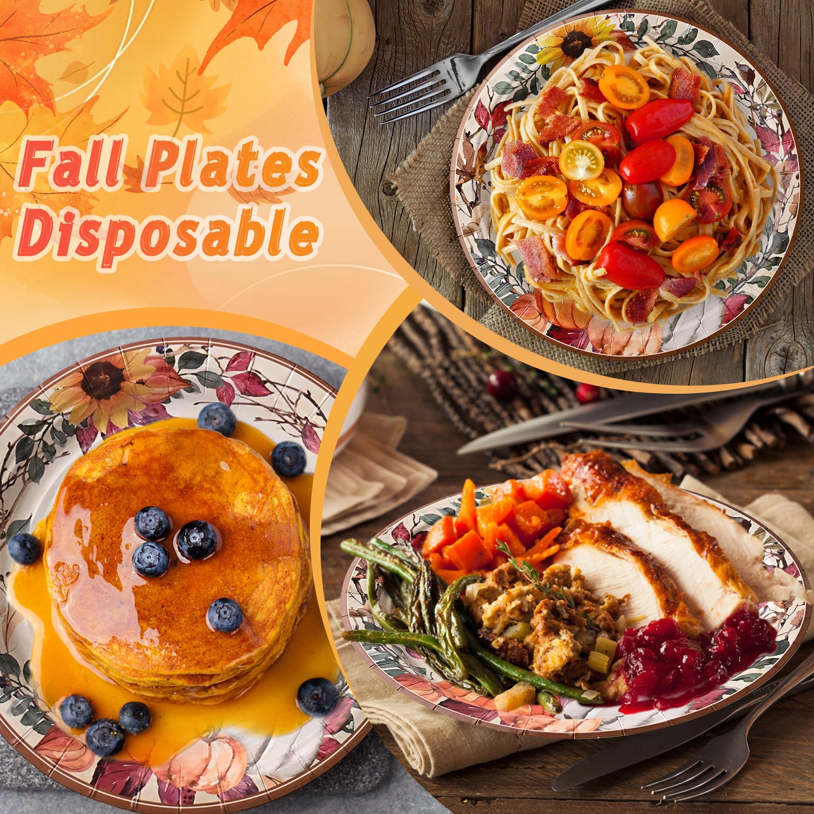 Homlouue 200 Pcs Fall Paper Plates and Napkins, Thanksgiving Plates and Napkins Sets, Fall Pumpkins Wreath Plate Disposable Part