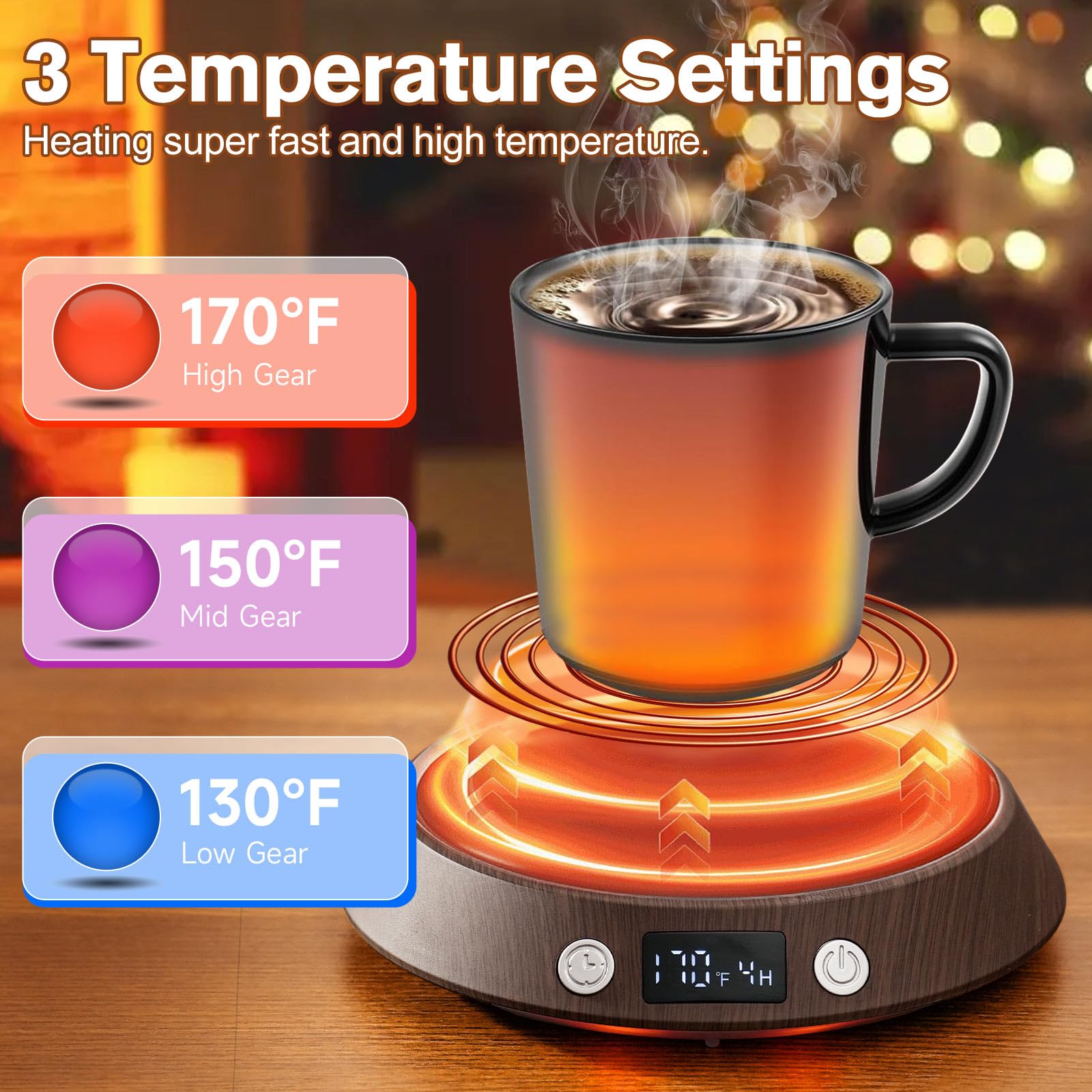 Kepwam Coffee Mug Warmer - 55W Fast Heating Coffee Warmer, 3 Temperature Settings up to 170? with LED Lights, 2-9H Timer & Auto