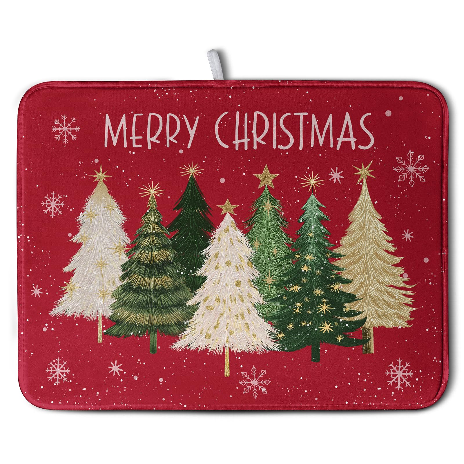 Wnoesat Merry Christmas Dish Drying Mat for Kitchen Counter 18x24 Inch Red Xmas Tree Snowflakes Drying Pad Winter Holiday Absorb