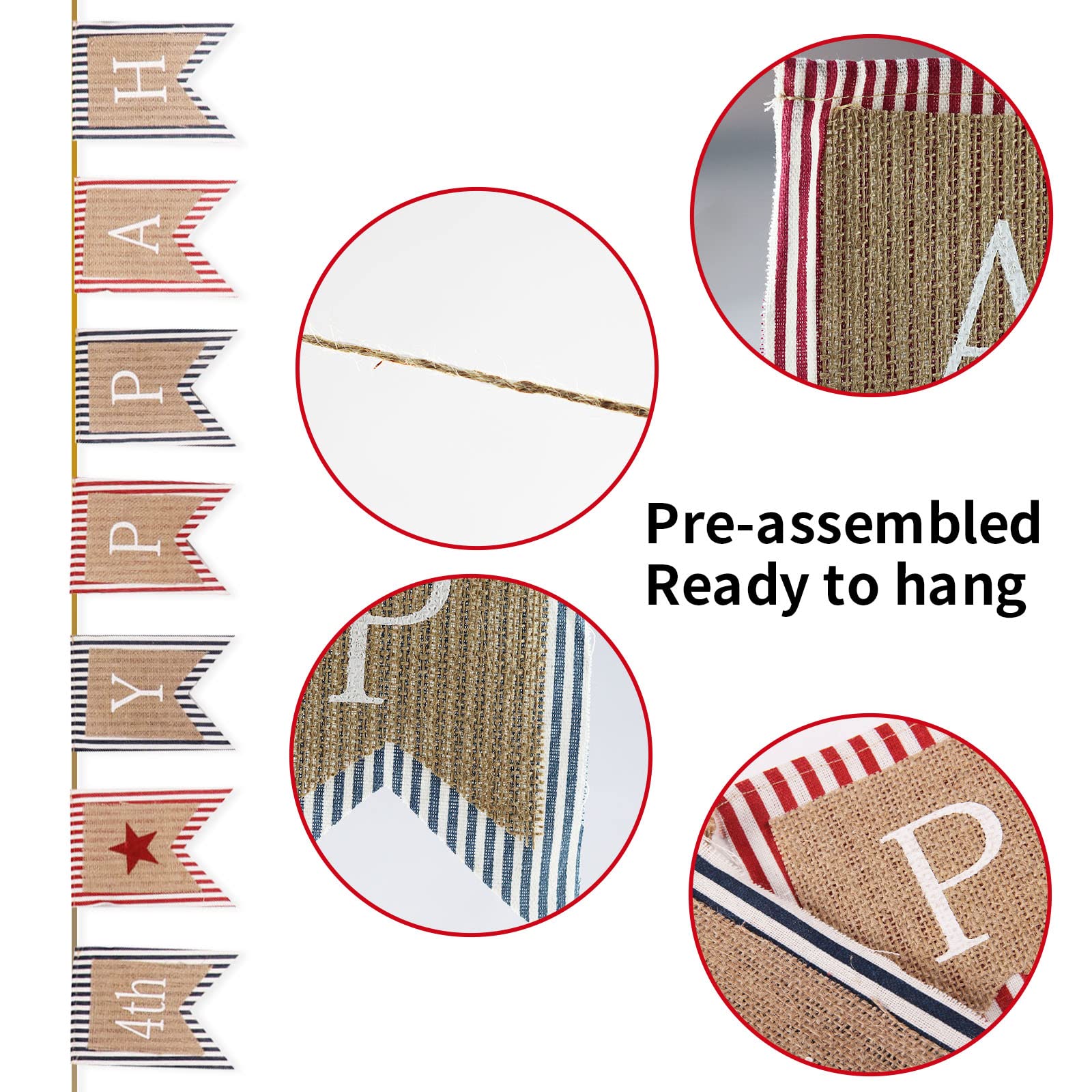 Goer Happy 4Th Of July Banner,No Diy Required Natural Burlap And Cotton Independence Day Decorations Fourth Of July Party Suppli