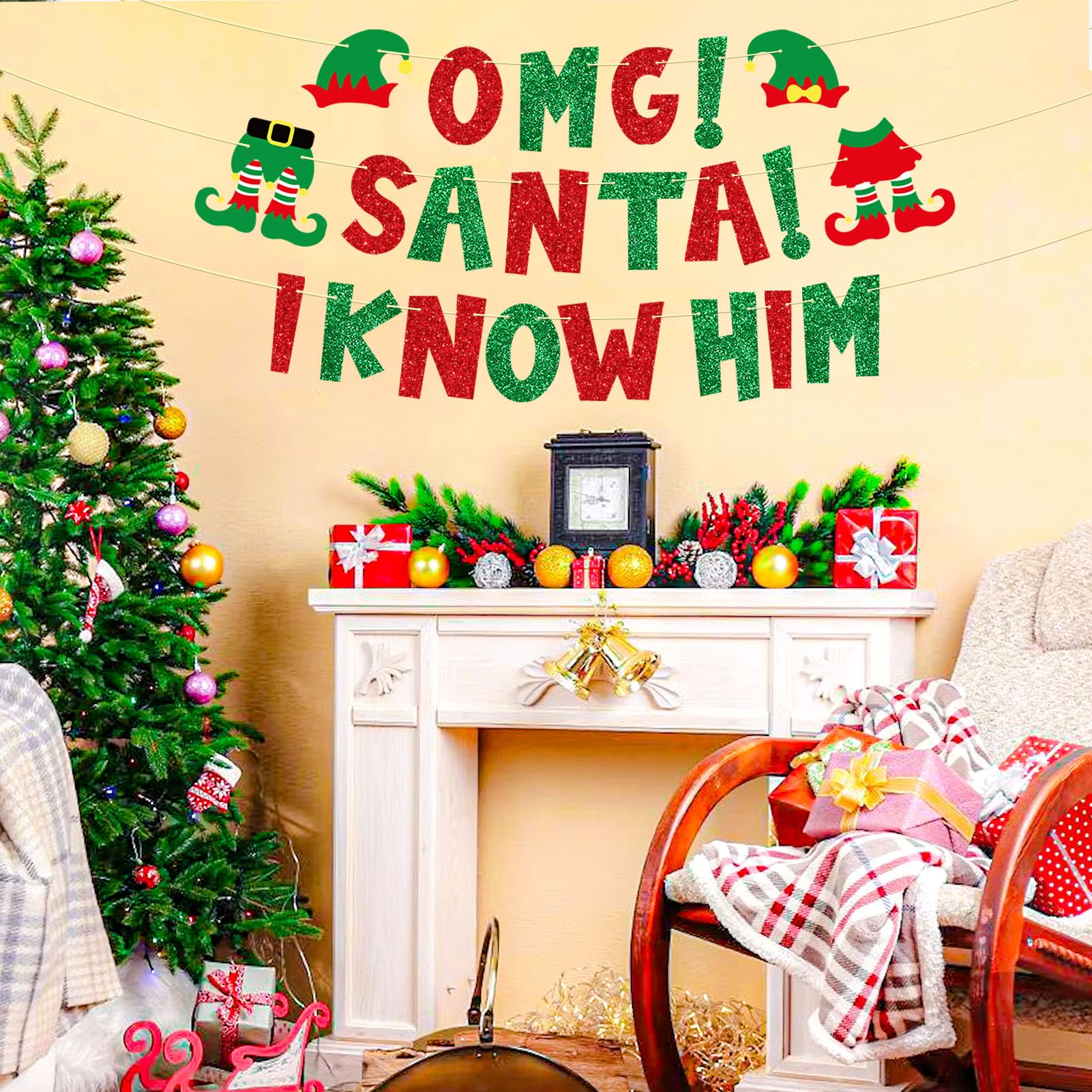Ushinemi Pre-Strung Elf Christmas Party Decorations, No Diy Omg Santa I Know Him Banner, Red And Green Xmas Party Supplies
