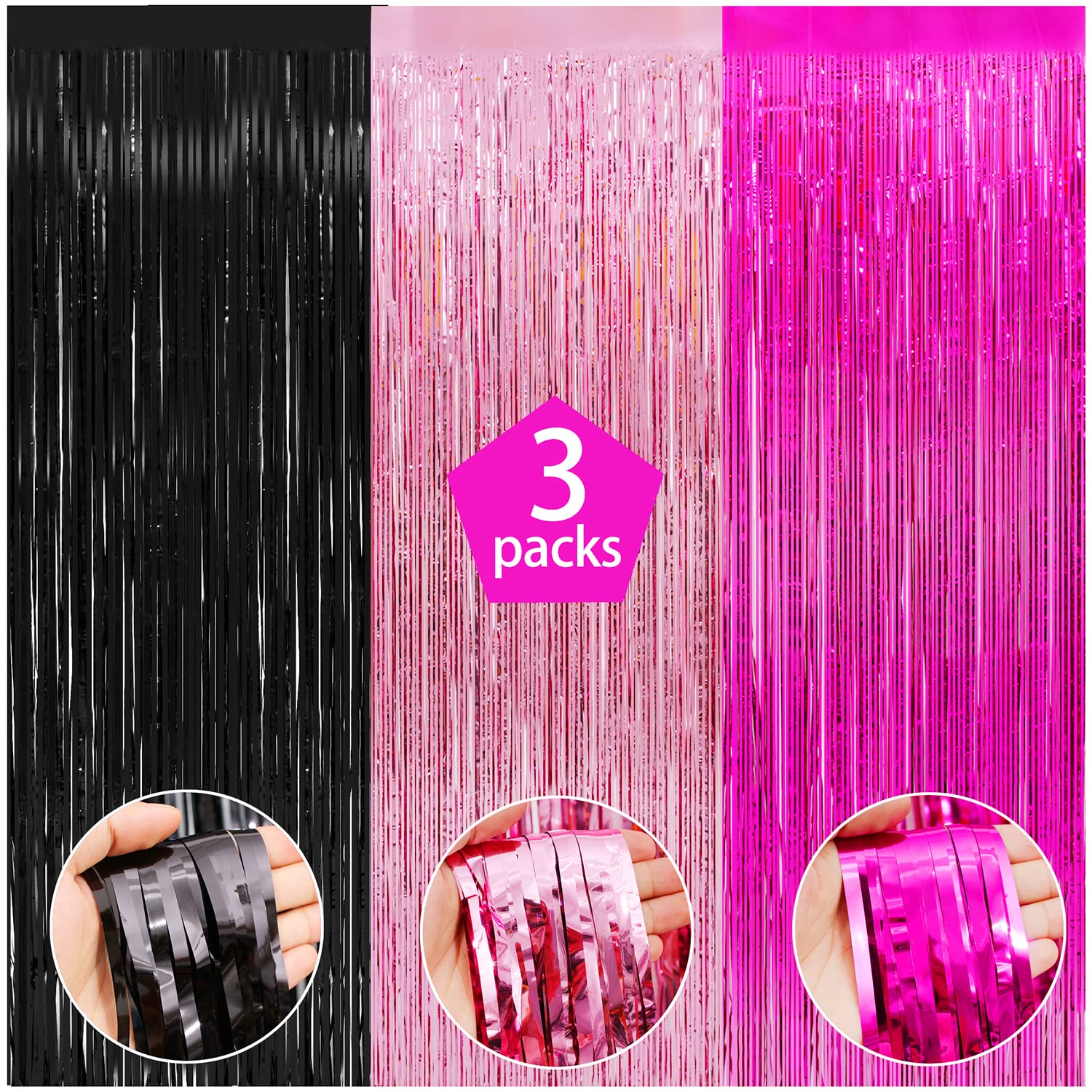 Wiqedoha 3 Pack Foil Curtains-8X9.84 Ft Rose Red Pink And Black Fringe Metallic Backdrop Curtain For Mouse Themed Baby Shower Bi