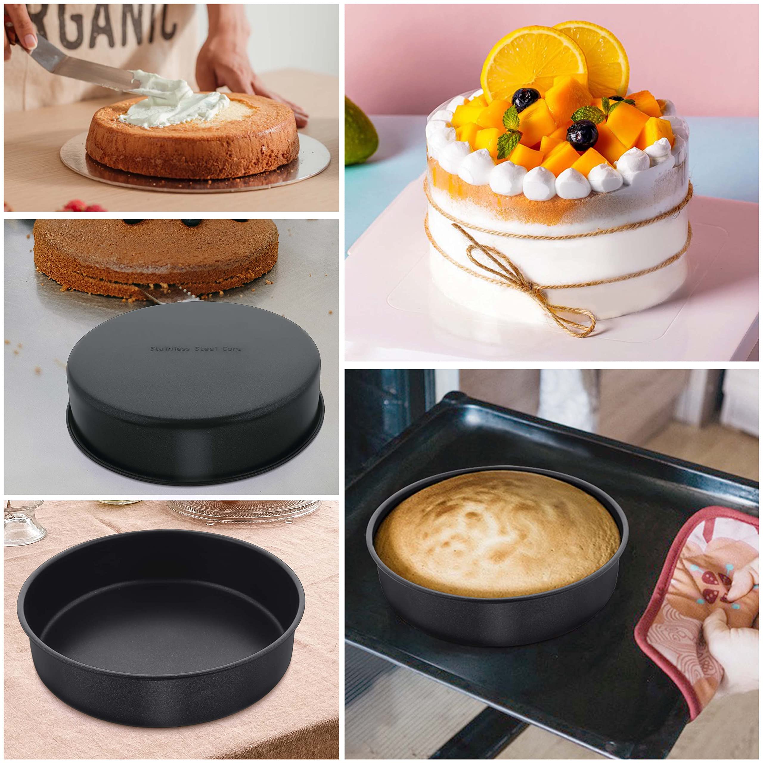 Herogo 8 Inch Round Cake Pan Set Of 3, Stainless Steel Black Nonstick Round Baking Pan, Birthday Wedding Layer Cake Pan, Non Tox