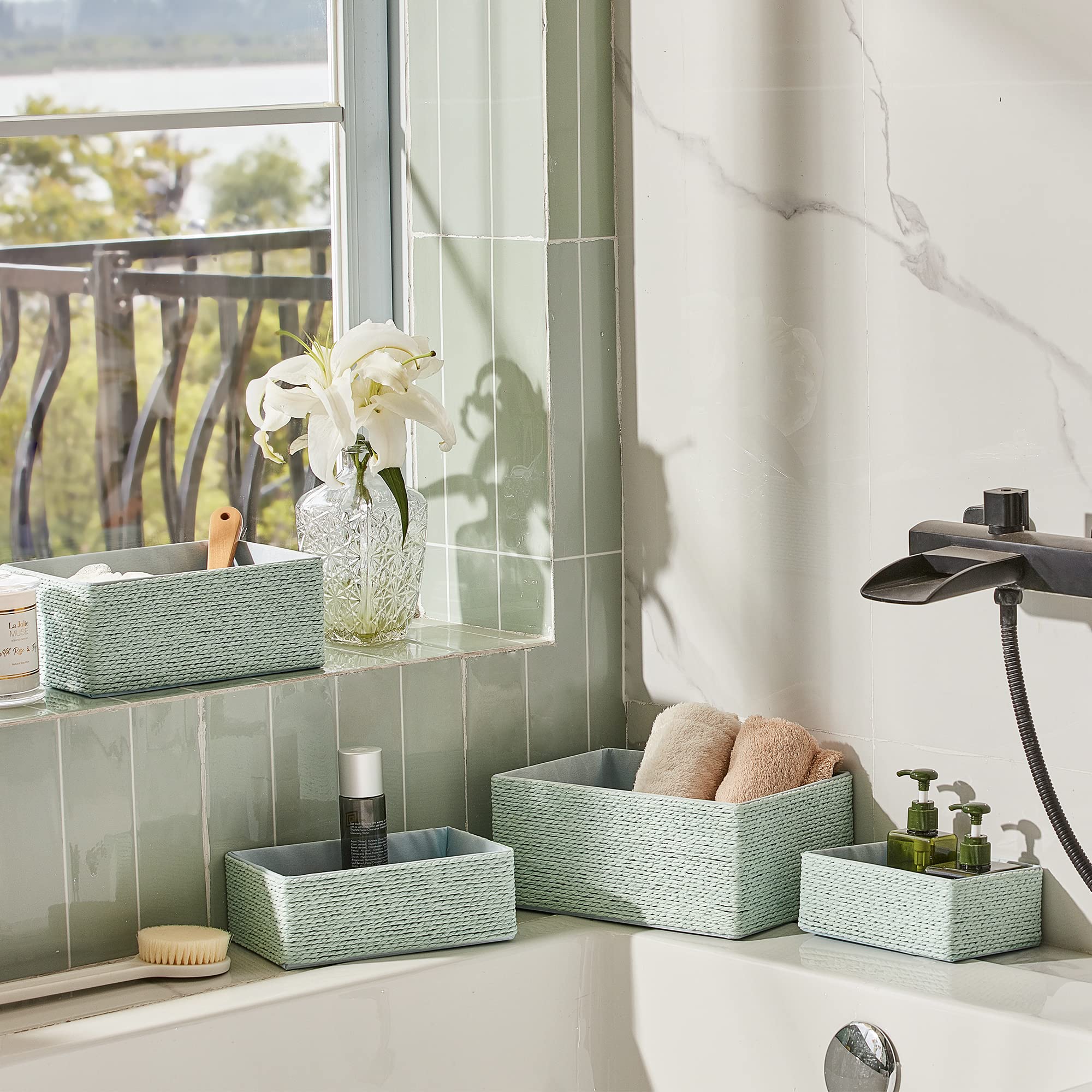 Storage Baskets Set 4 - Stackable Woven Basket Paper Rope Bin, Storage Boxes For Makeup Closet Bathroom Bedroom (Light Green)