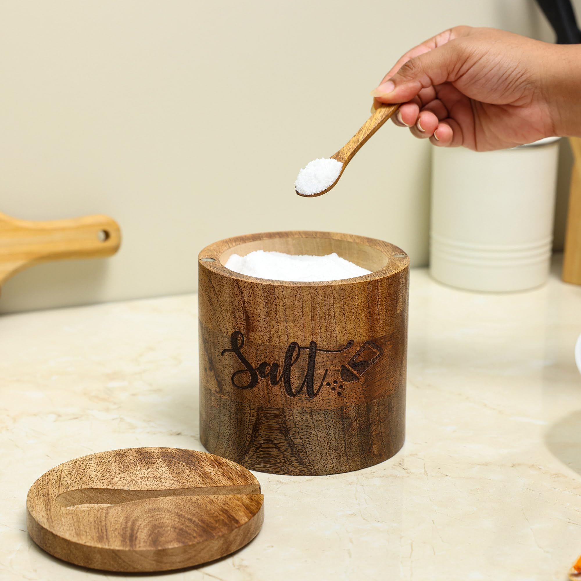 Dudki Wooden Salt Box With Magnetic Lid With Attached Spoon On Top| Round Salt Container| Bowl Pot Jar Salt Box | Mango Wood For