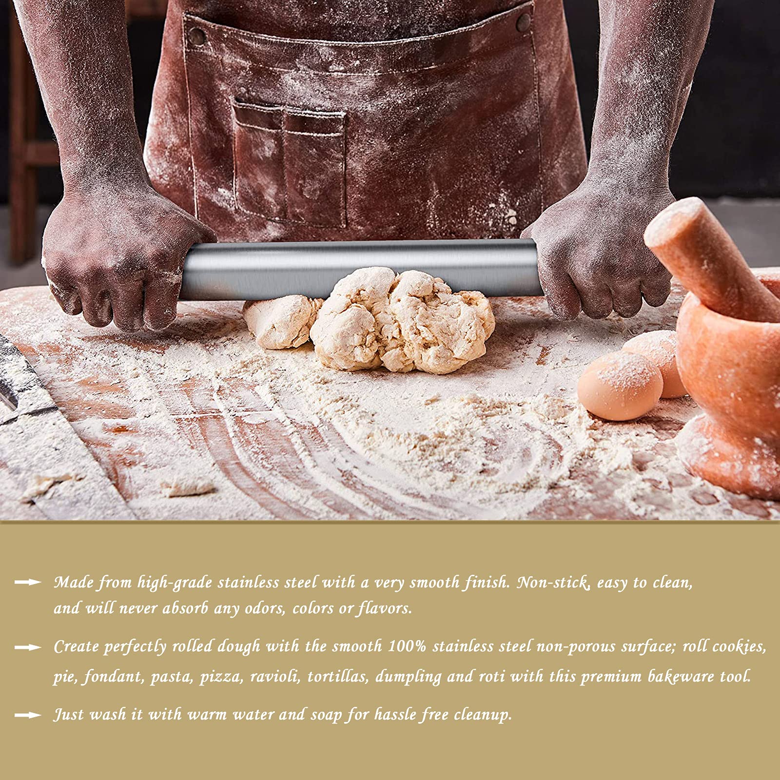 Stainless Steel Rolling Pin, Nonstick Rolling Pin For Baking Fondant, Pizza, Pie, Pastry, Pasta, Dough, Cookies