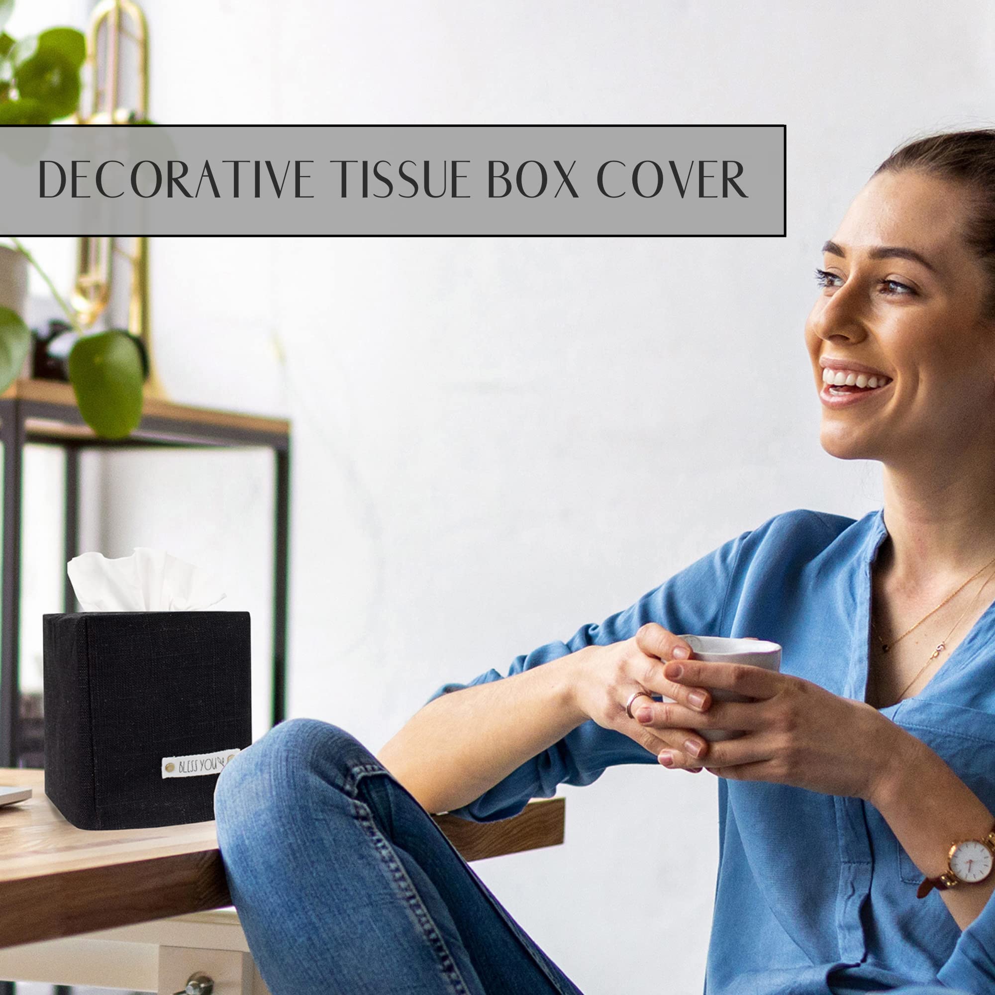 Stylish Tissue Box Cover - This Black Linen Holder Instantly Covers Your Square Tissue Boxes - The Perfect Cube Cover For Your B