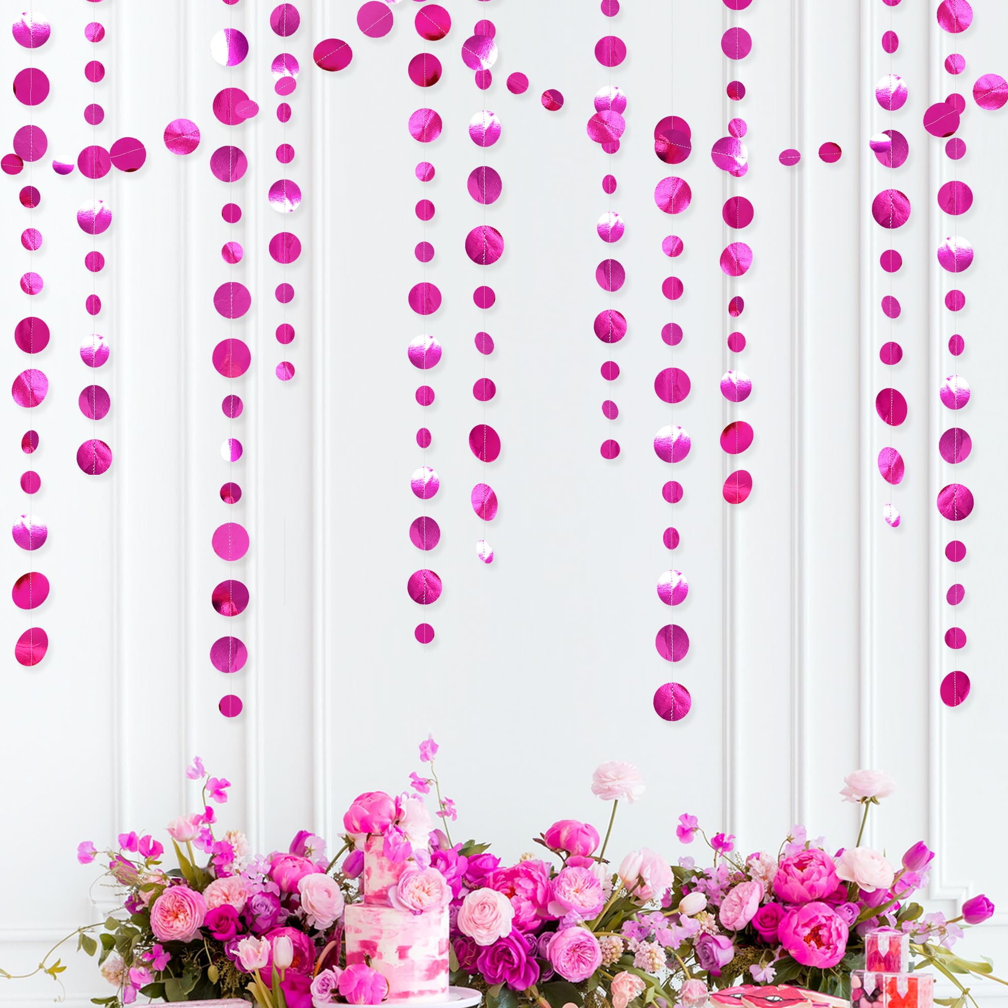 Hot Pink Party Decorations Circle Dots Garland Metallic Rose Pink Hanging Paper Polka Dots Streamer For Bachelorette Birthday En