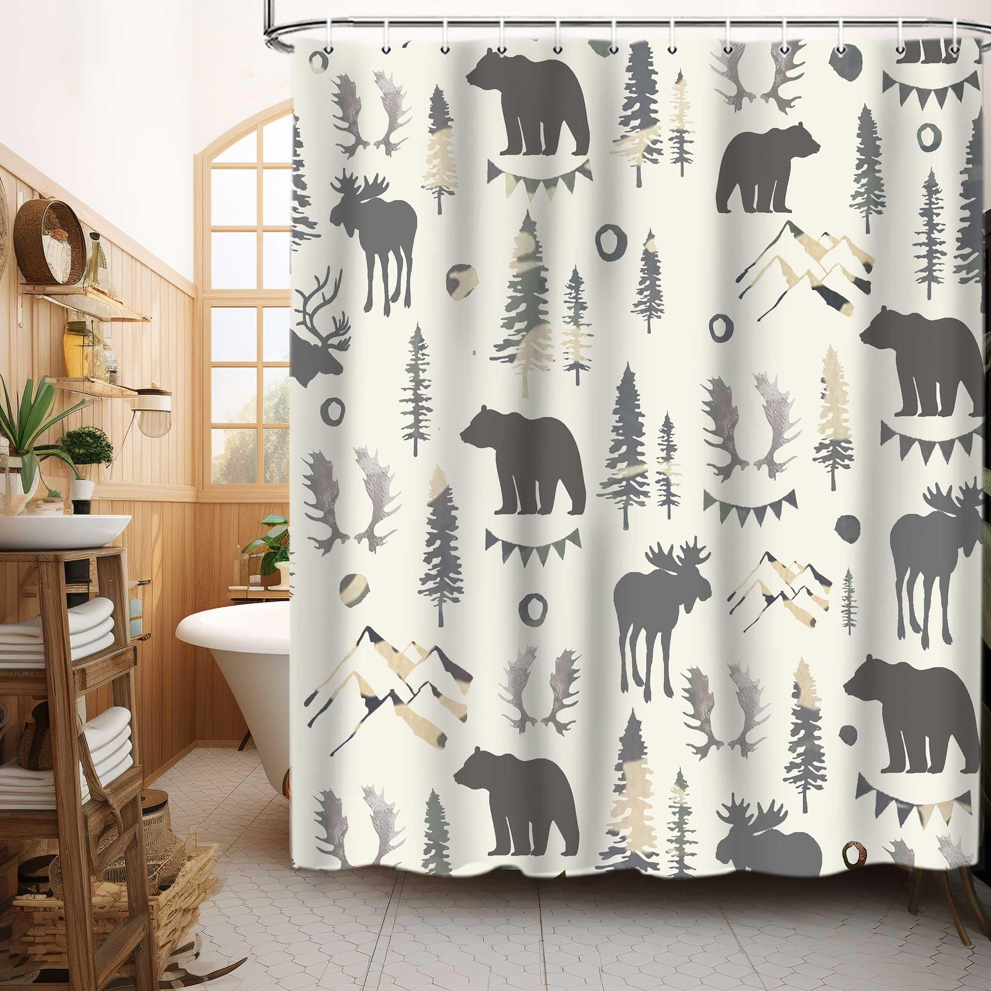 Lacoiime Bear Shower Curtain, Mountain Woodland Animal Shower Curtains For Bathroom Grey Elk Antler Pine Tree Deer Forest Bathro