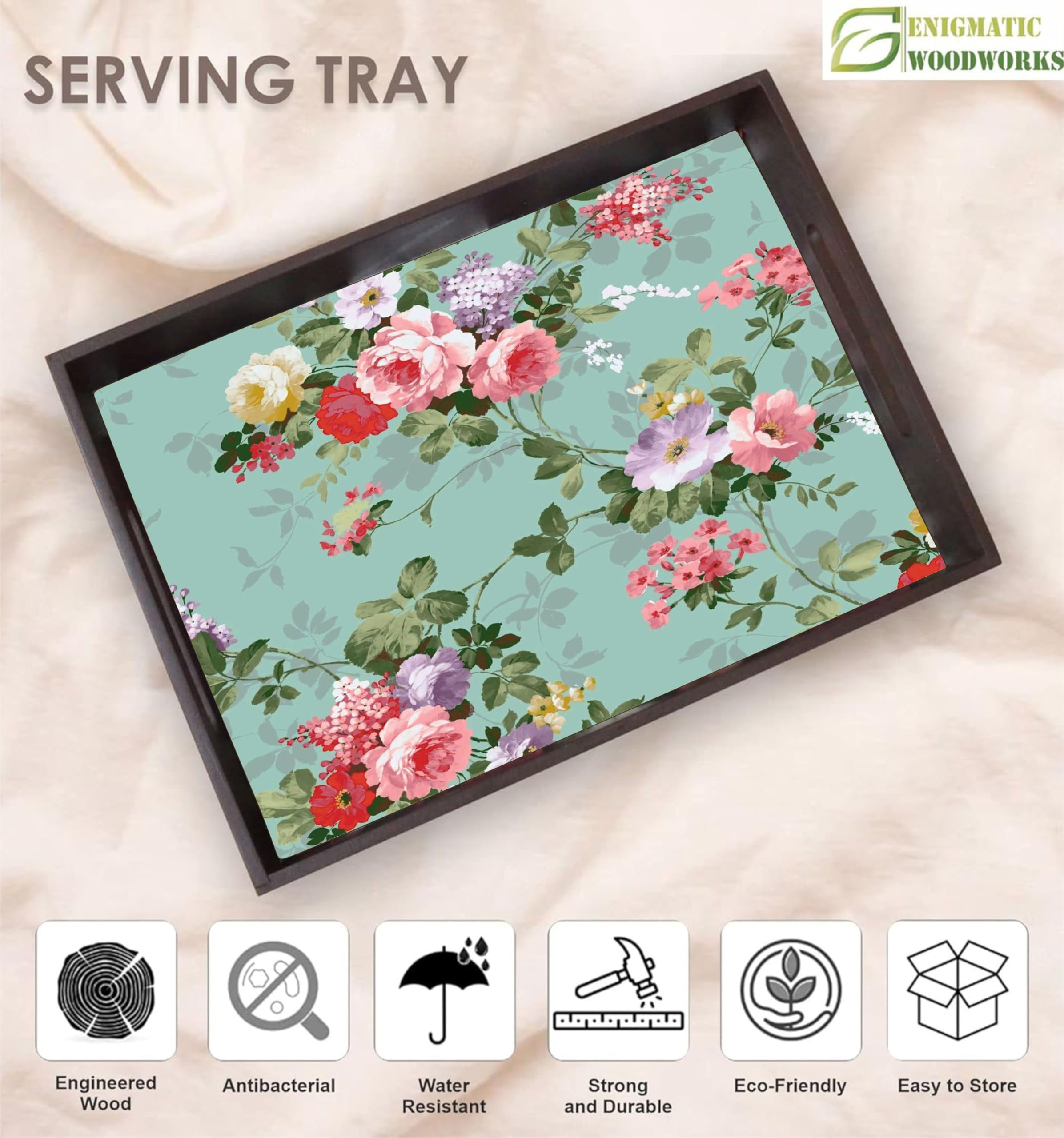 Enigmatic Woodworks Wooden Serving Tray With Handle I Rectangular Tea Breakfast Platter I Decorative Bathroom Decor I Kitchen Be