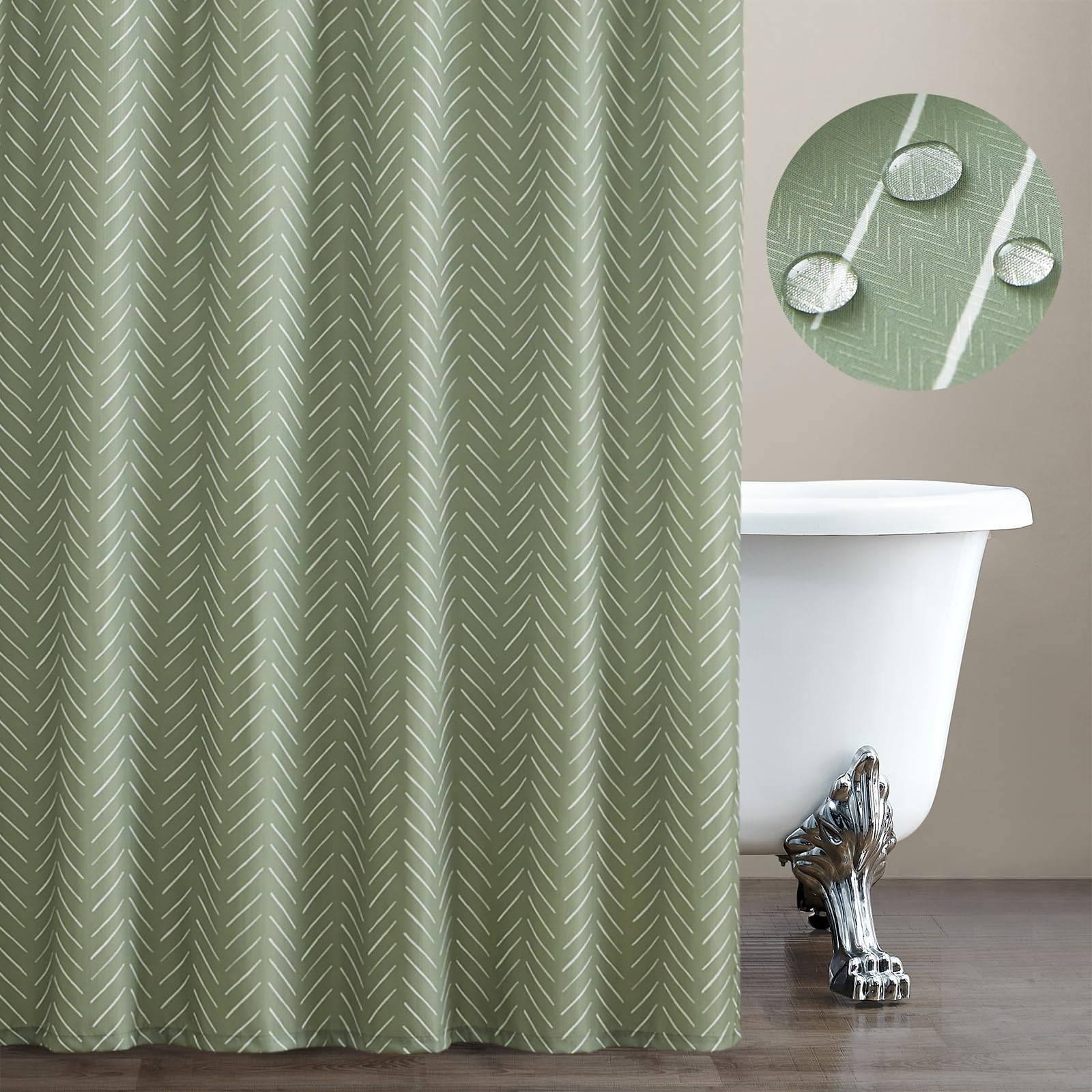 Jinchan Sage Green Shower Curtain Herringbone Fabric Shower Curtain Zig Zag Chevron White Striped Fall Zigzag Modern 84 Inch Sho