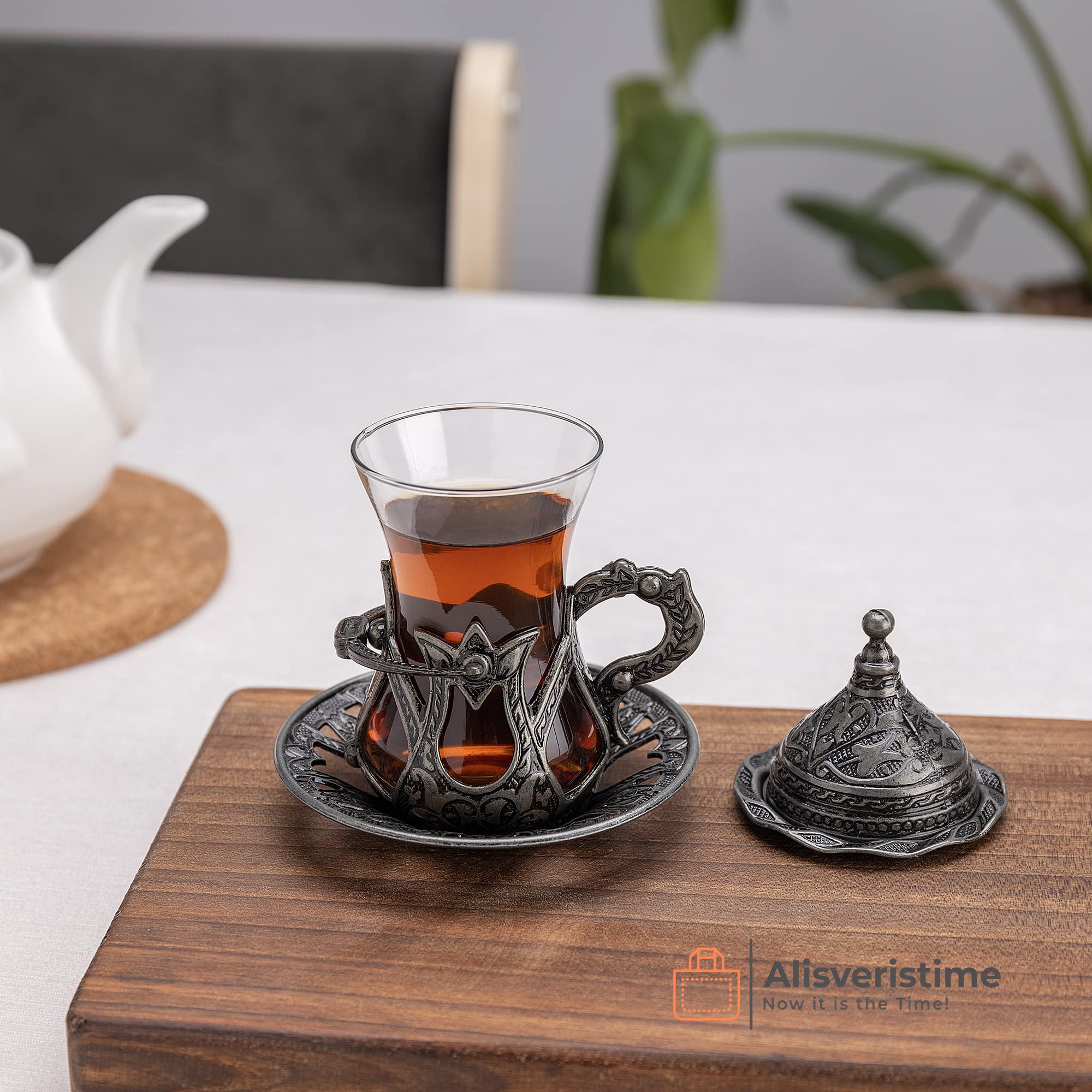 Alisveristime Handmade Turkish Tea Water Zamzam Serving Set Glasses Saucer, Tray And Spoon (Authentic Black)