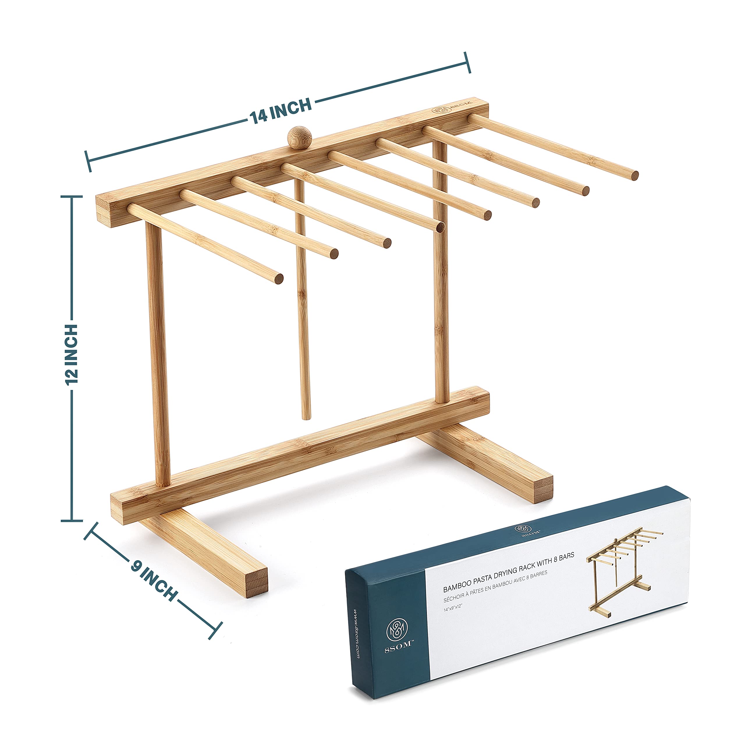 8SOM Bamboo Pasta Drying Rack with 8 Bars and Transfer Wand, Easy to Transfer for Drying Pasta and Cooking, Special Suspension D