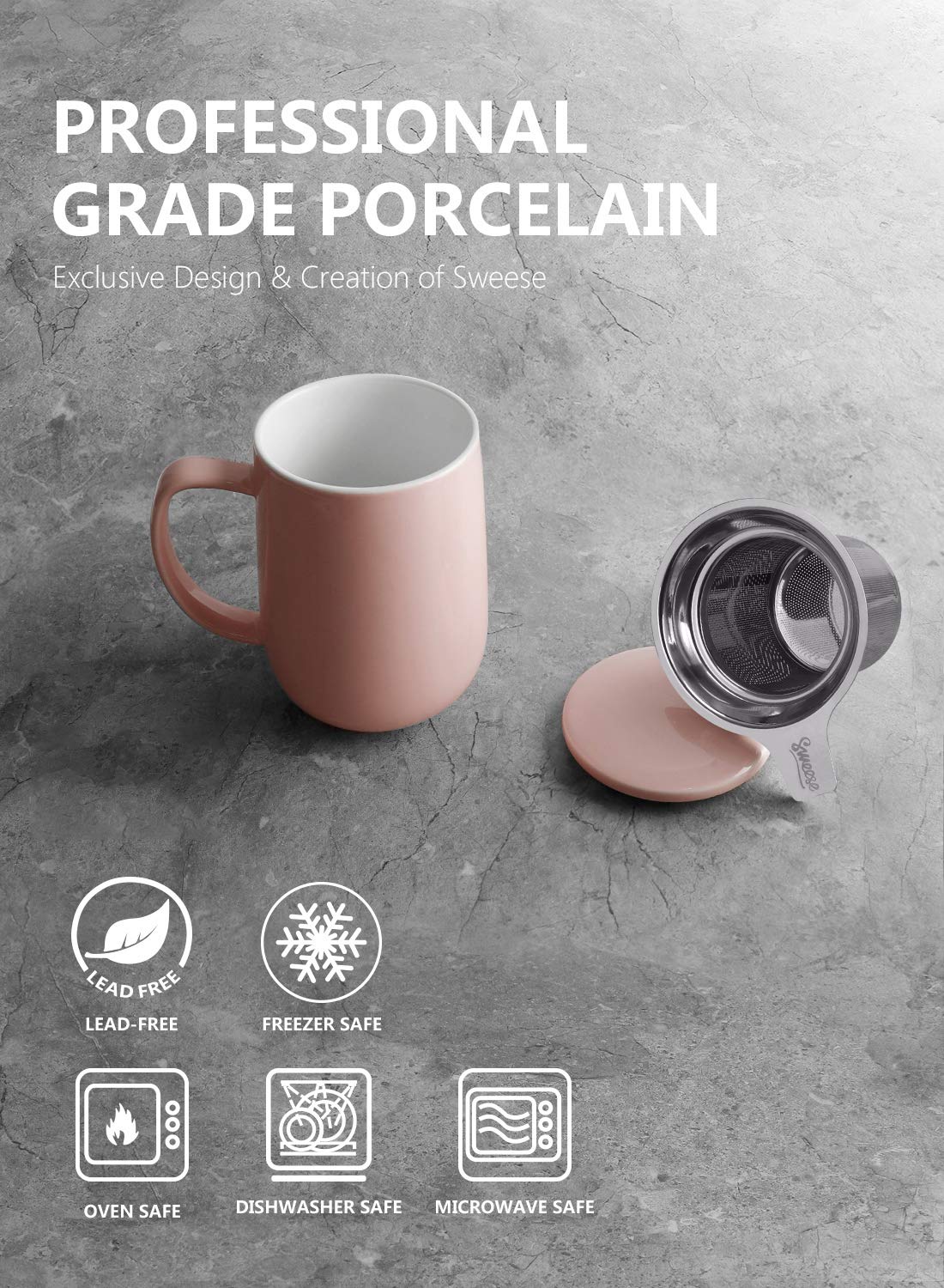 Sweese 20 Oz Porcelain Tea Mug With Infuser And Lid, Loose Leaf Tea Cup, Gifts For Tea Lover - Pink