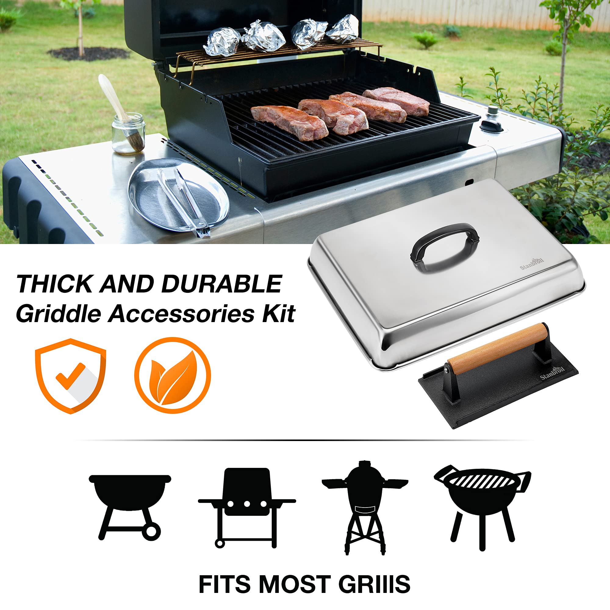Stanbroil Melting Dome & Grill Press Kit- Stainless Steel Basting Cover Cheese Melting Dome With Cast Iron Burger Bacon Press Fo