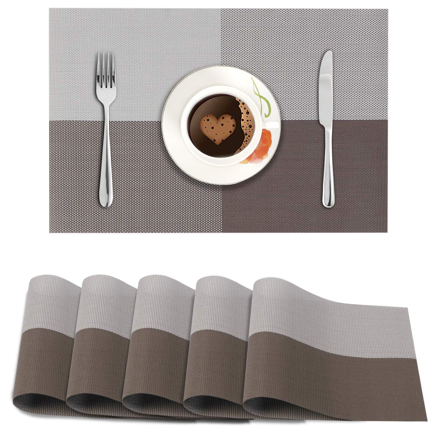 Onlyeasy NonSlip Washable PVC Heat Resistant Table Mats/Placemats (Grey & Brown, 6)