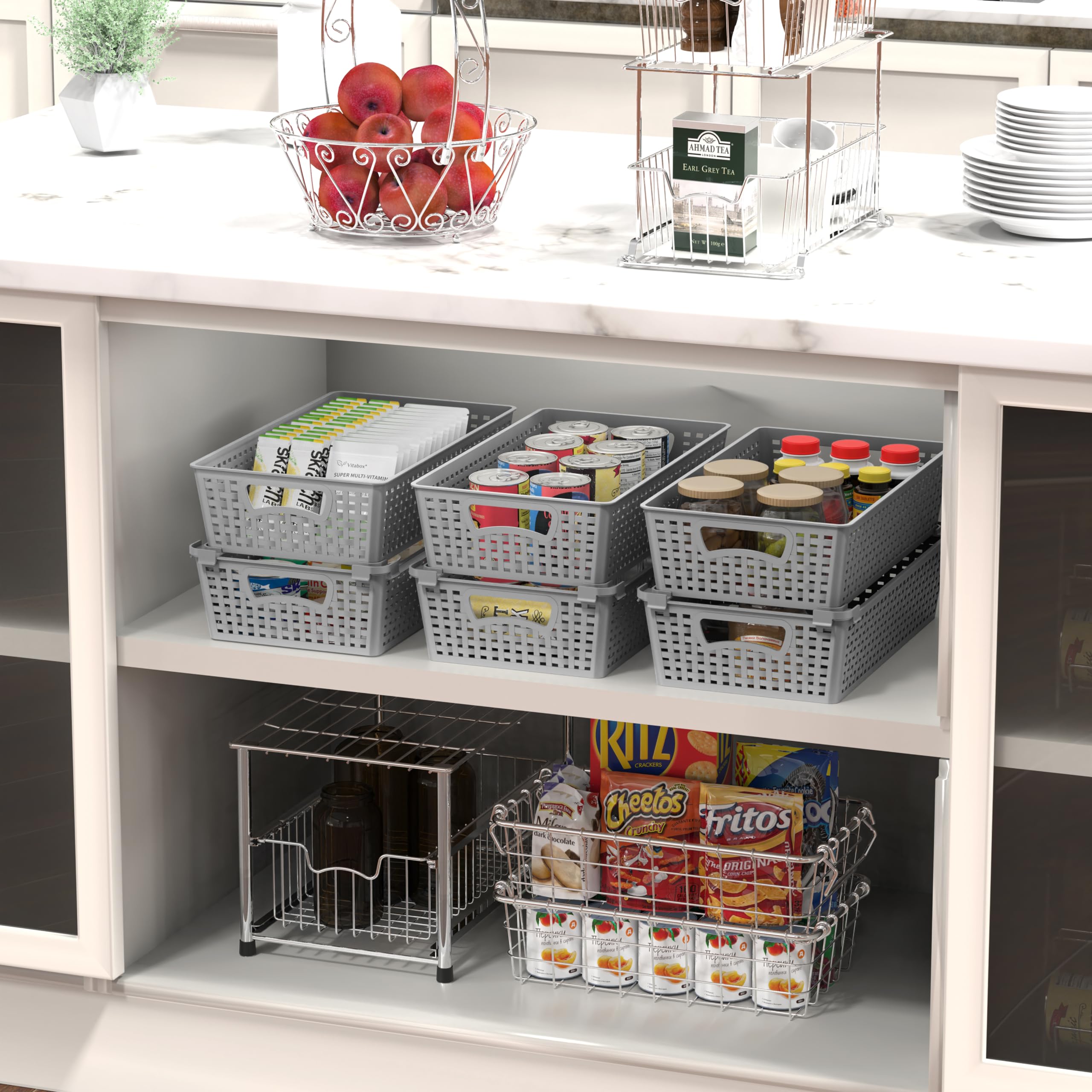 Simple Houseware Stackable Plastic Woven Basket Organizer, 6 Pack, 14.5'' X 8.5'' X 3.5'', Gray