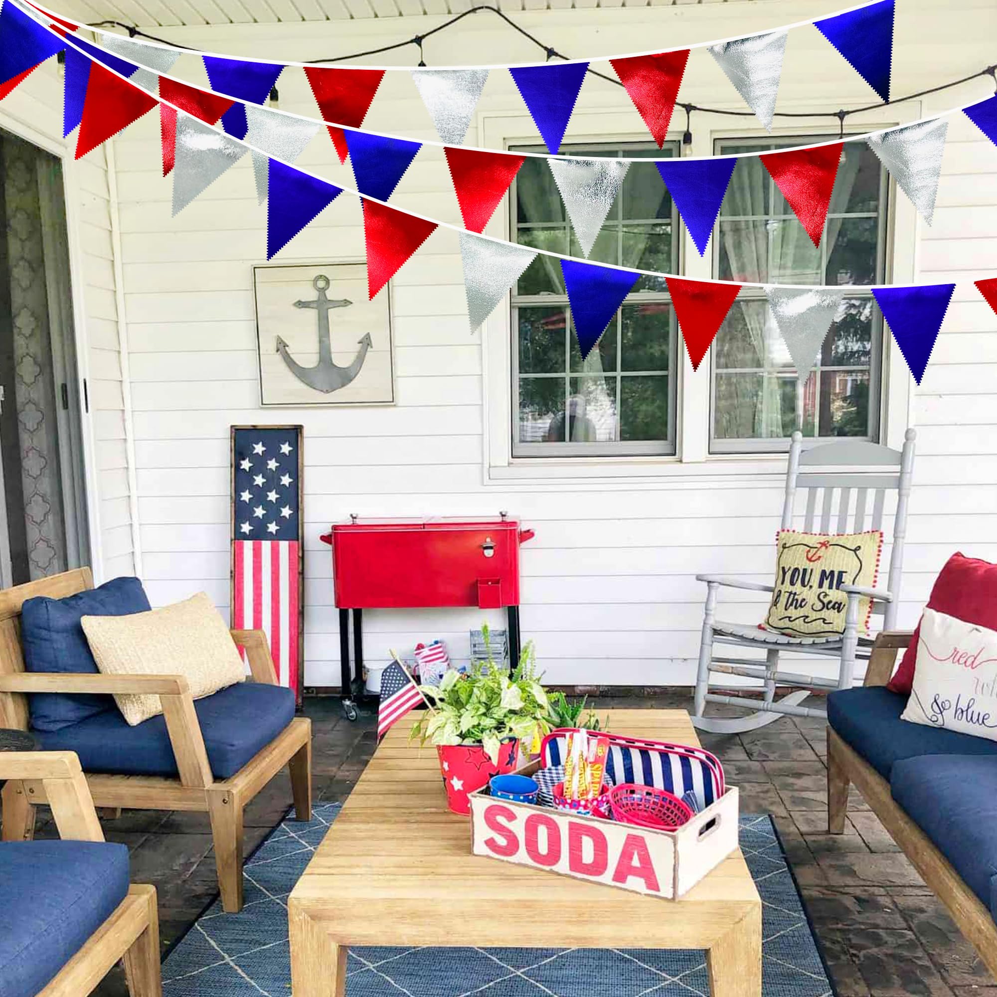 Red Blue Silver Party Decorations Metallic Fabric Triangle Pennant Banner Flag Bunting Garland For Graduations 4Th Of July Ameri