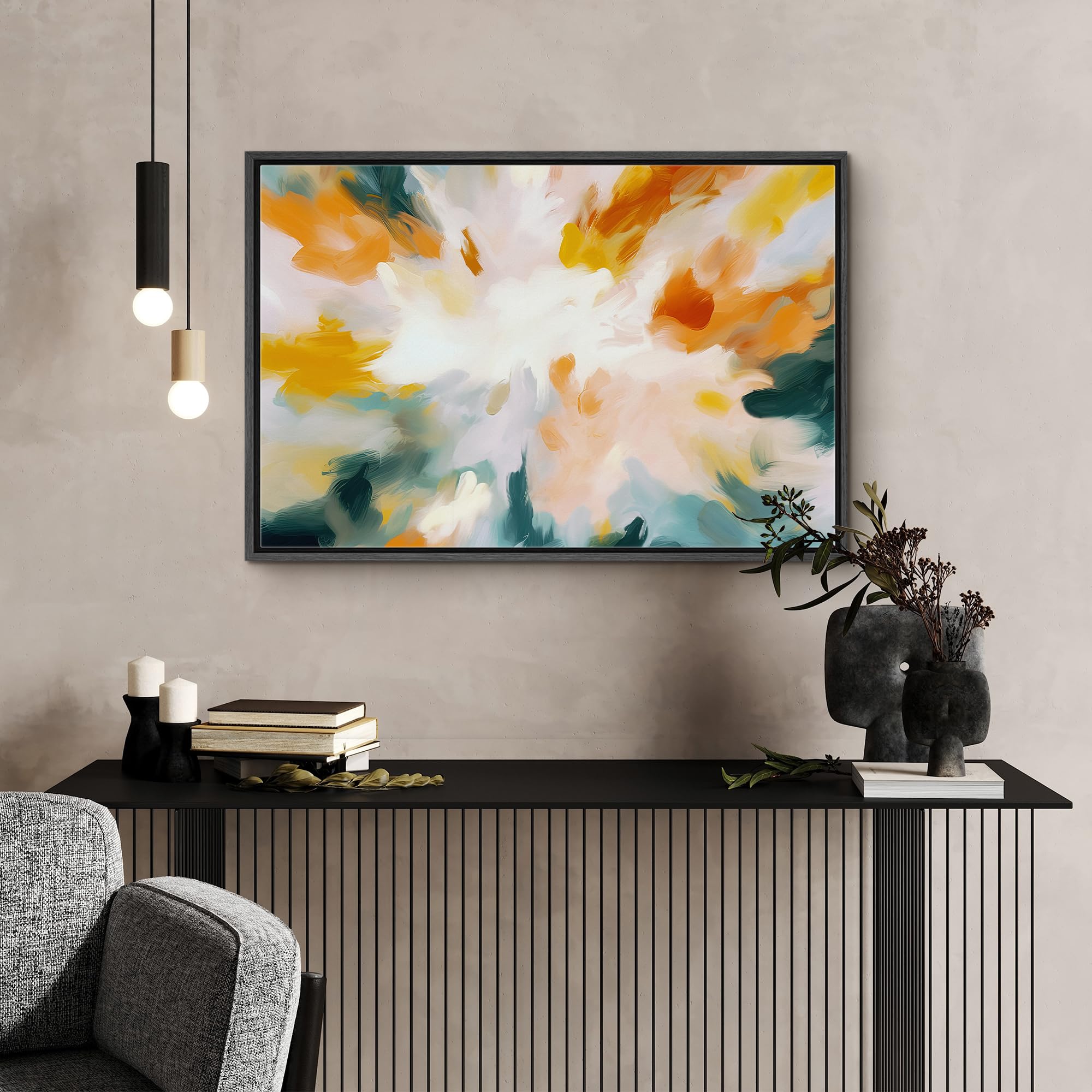 Signford Framed Canvas Print Wall Art Multicolor Vibrant Watercolor Paint Strokes Graffiti Art Abstract Illustrations Modern Art