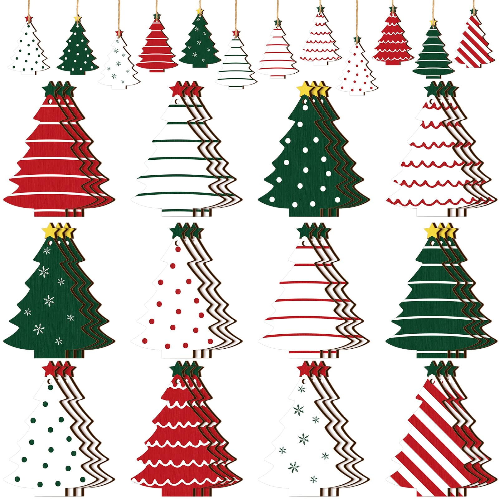 Qunclay 36 Pcs Christmas Tree Decorations Christmas Wooden Hanging Ornaments Rustic Farmhouse Xmas Hanging Sign Red Green White 