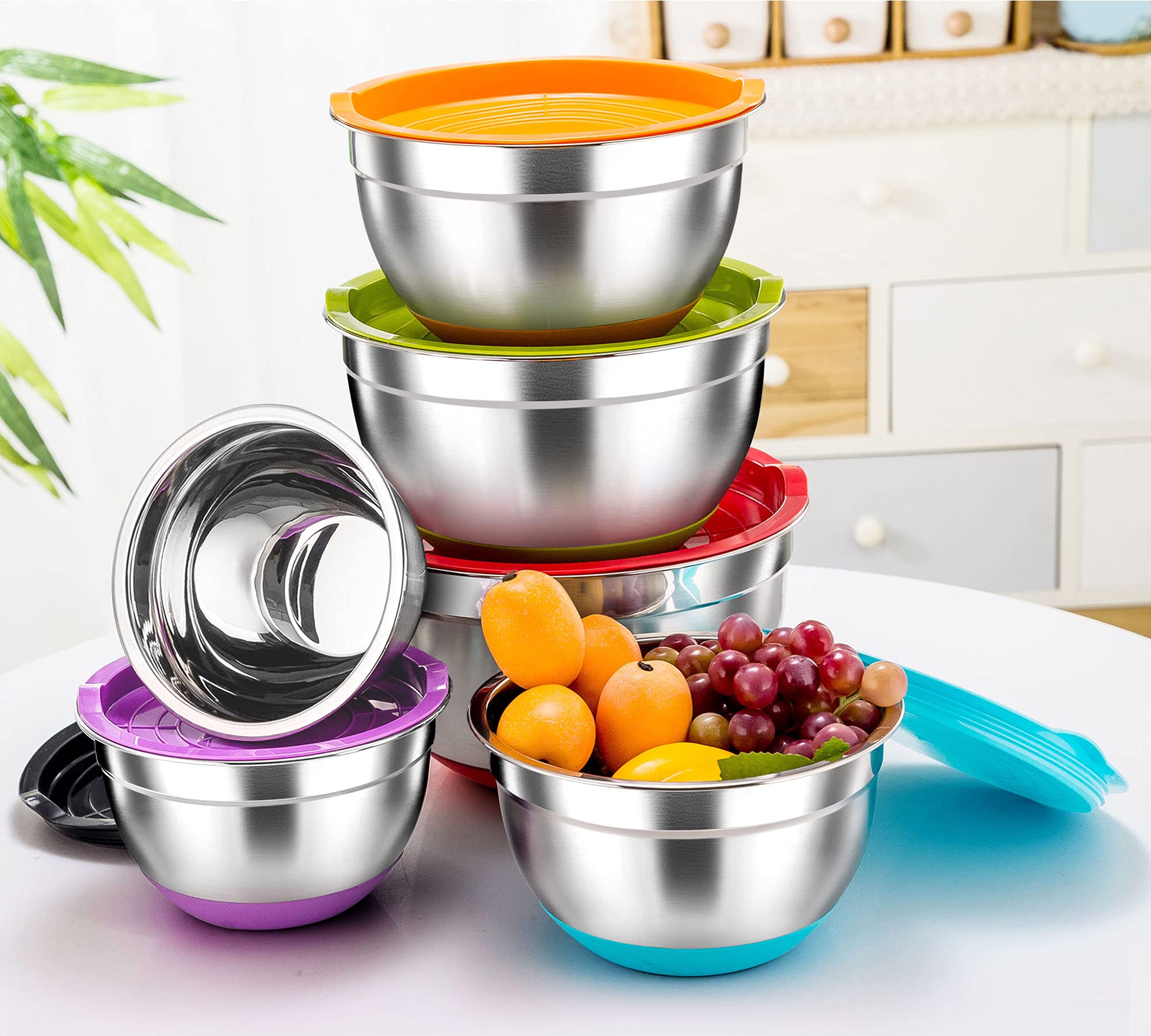 Teamfar Mixing Bowls, Stainless Steel Mixing Bowls With Lids, Nesting Salad Bowls With Air-Tight Lids & Non-Slip Bottom, Dishwas