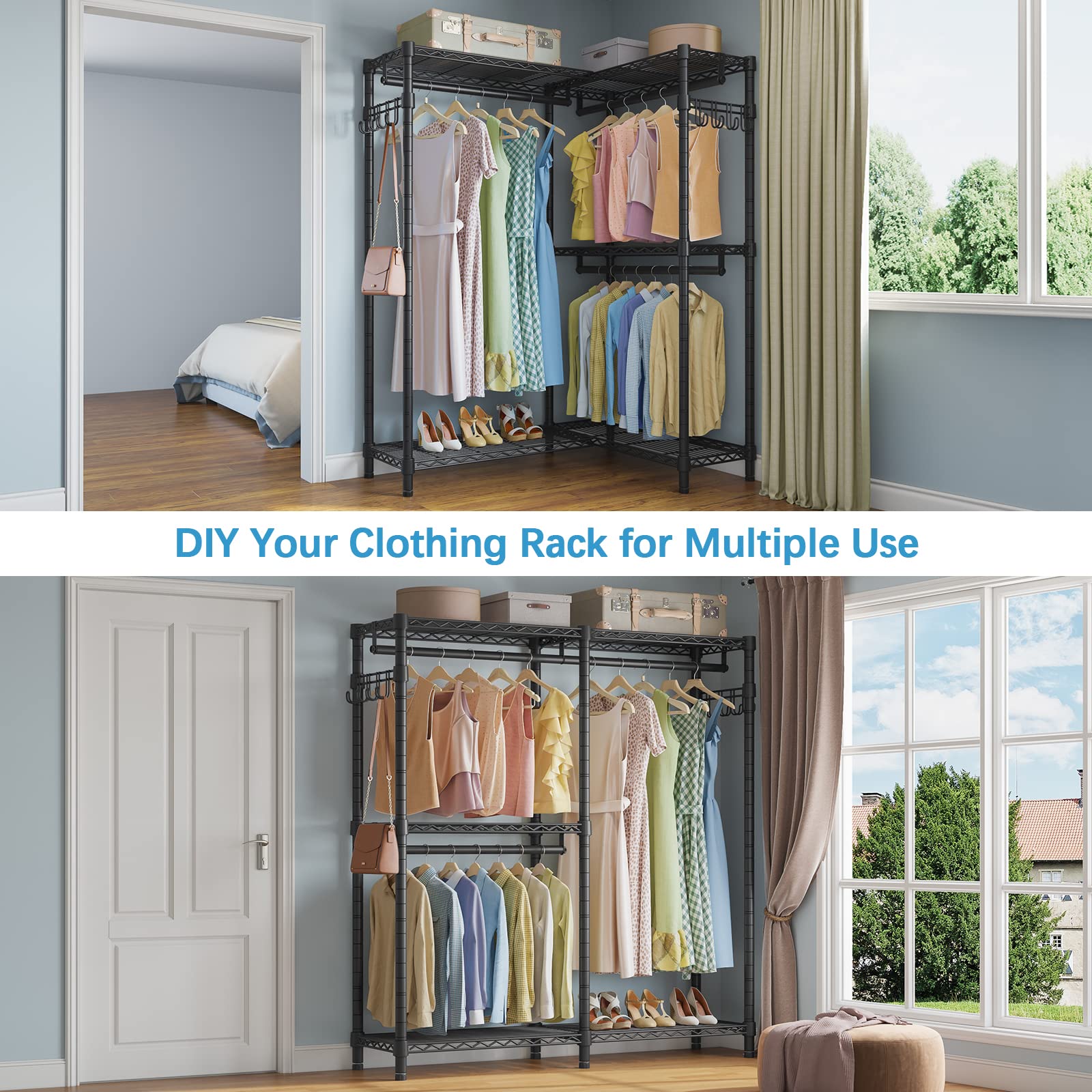 Vipek L4 Garment Rack L Shaped Clothes Rack For Corner, Freestanding Portable Wardrobe Closet Heavy Duty Clothing Rack With 3 Ha