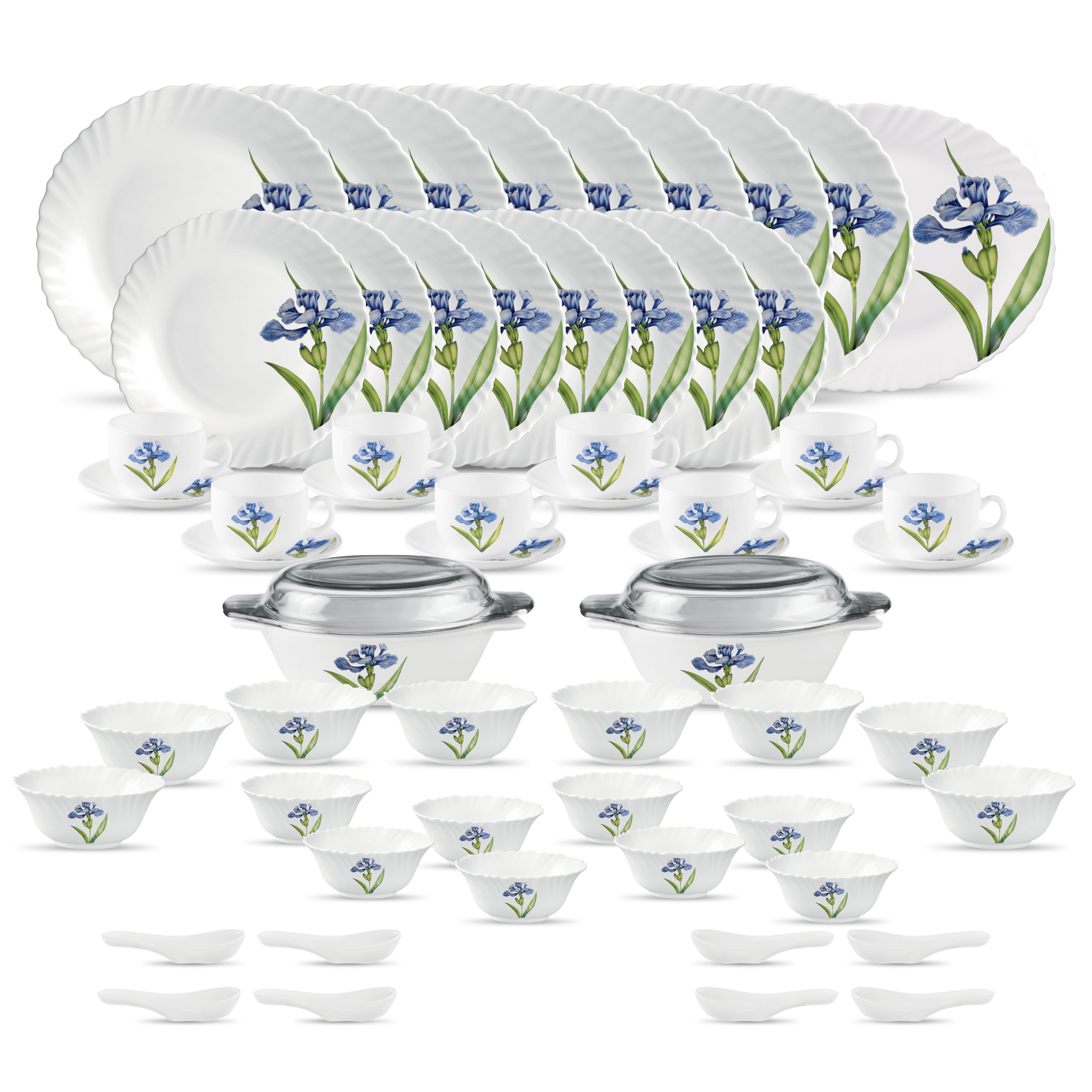 La Opala Diva Classique Collection Opal Glass Crockery | For Family Of 8 | Dinner Set 61 Pcs Royal Iris | Plates & Bowls For Din
