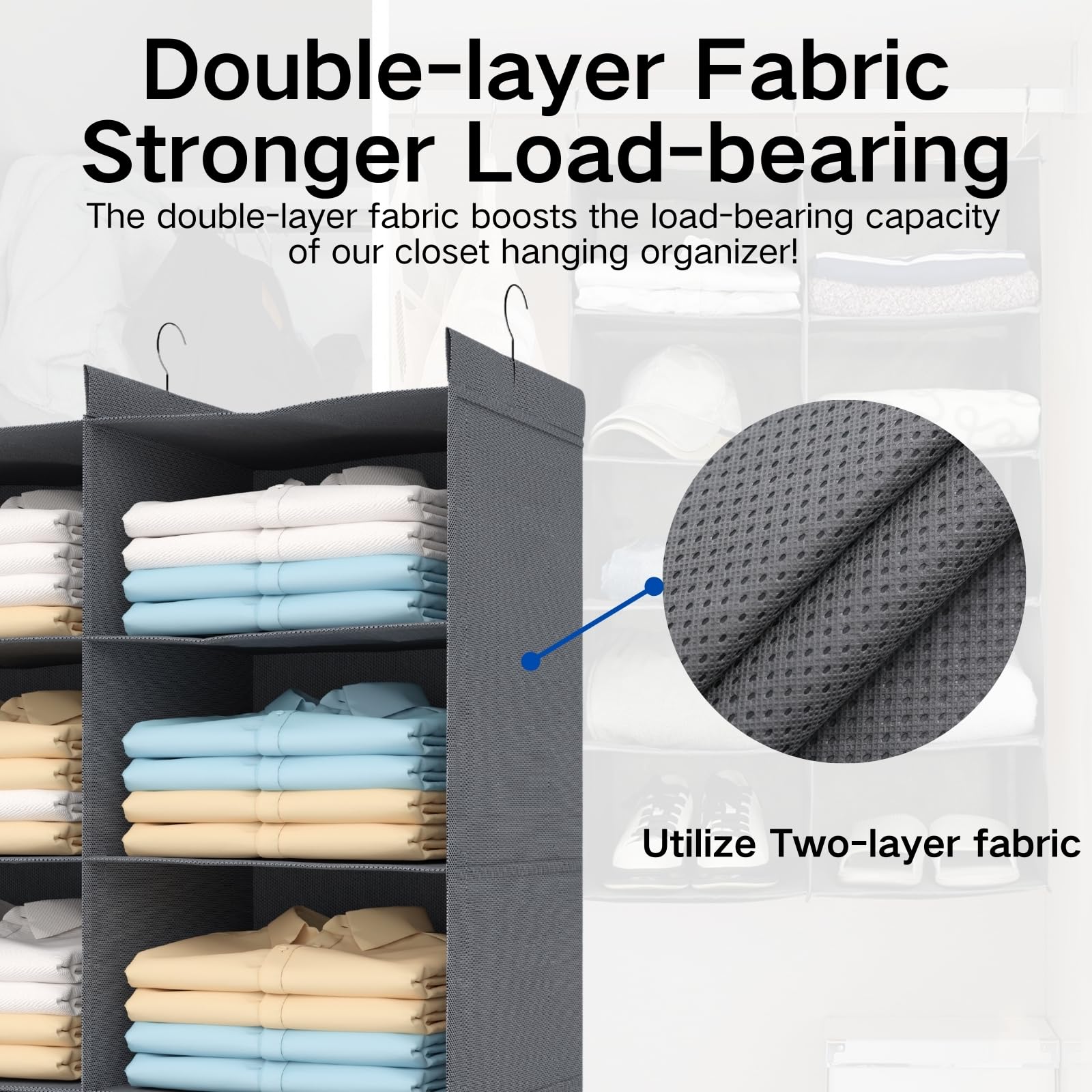 Alltidyup Dual-Row 3 Tier Shelf Hanging Closet Organizers And Storage, 6 Pockets Clothes Storage Shelves With 3 Sturdy Hooks For