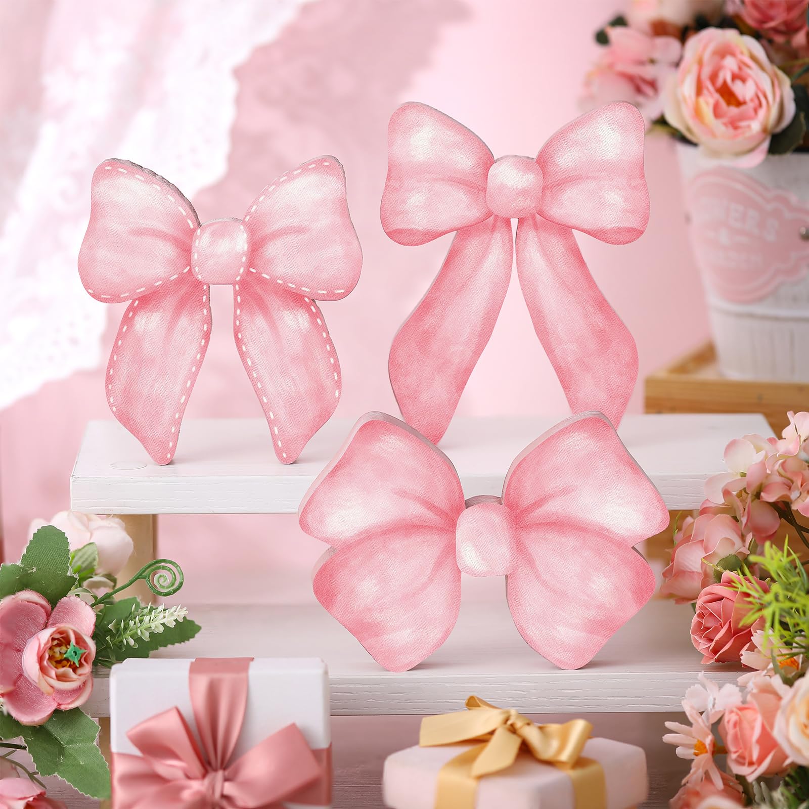 Lineshading 3 Pcs Pink Bow Coquette Room Decor Wooden Sign Preppy Room Coquette Party Decor Girly Pink Bows Tiered Tray for Home