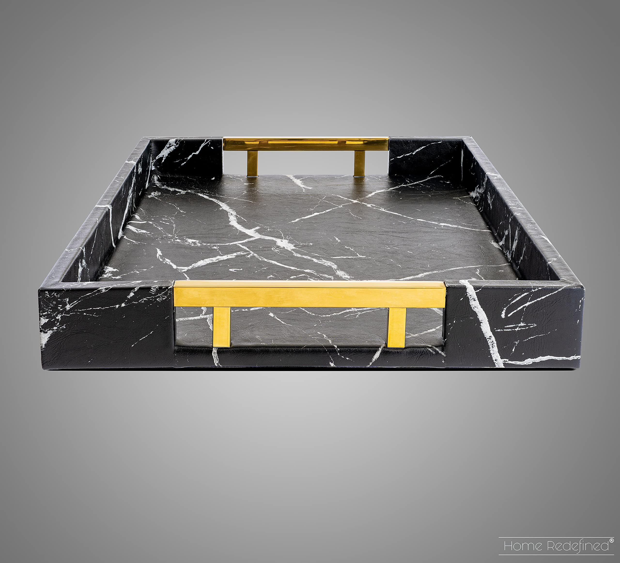 Home Redefined Modern Elegant 18''X12'' Rectangle Black Marble Faux Leather Decorative Ottoman Coffee Table Perfume Living Room