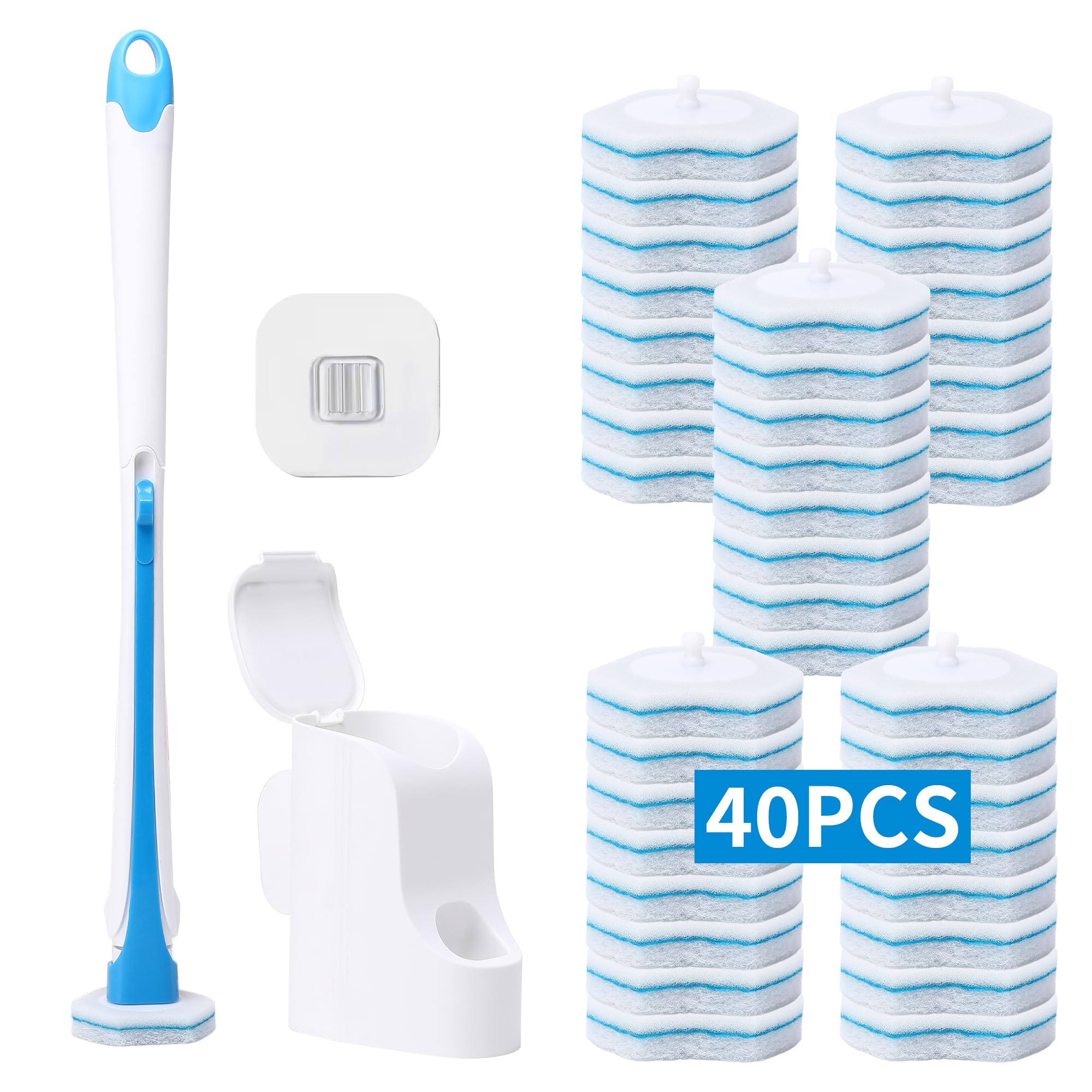 Daliper Disposable Toilet Brush With 40Pcs Refills, Wall Mounted Compact Bathroom Bowl Wand Cleaning System Long Handle With Sto