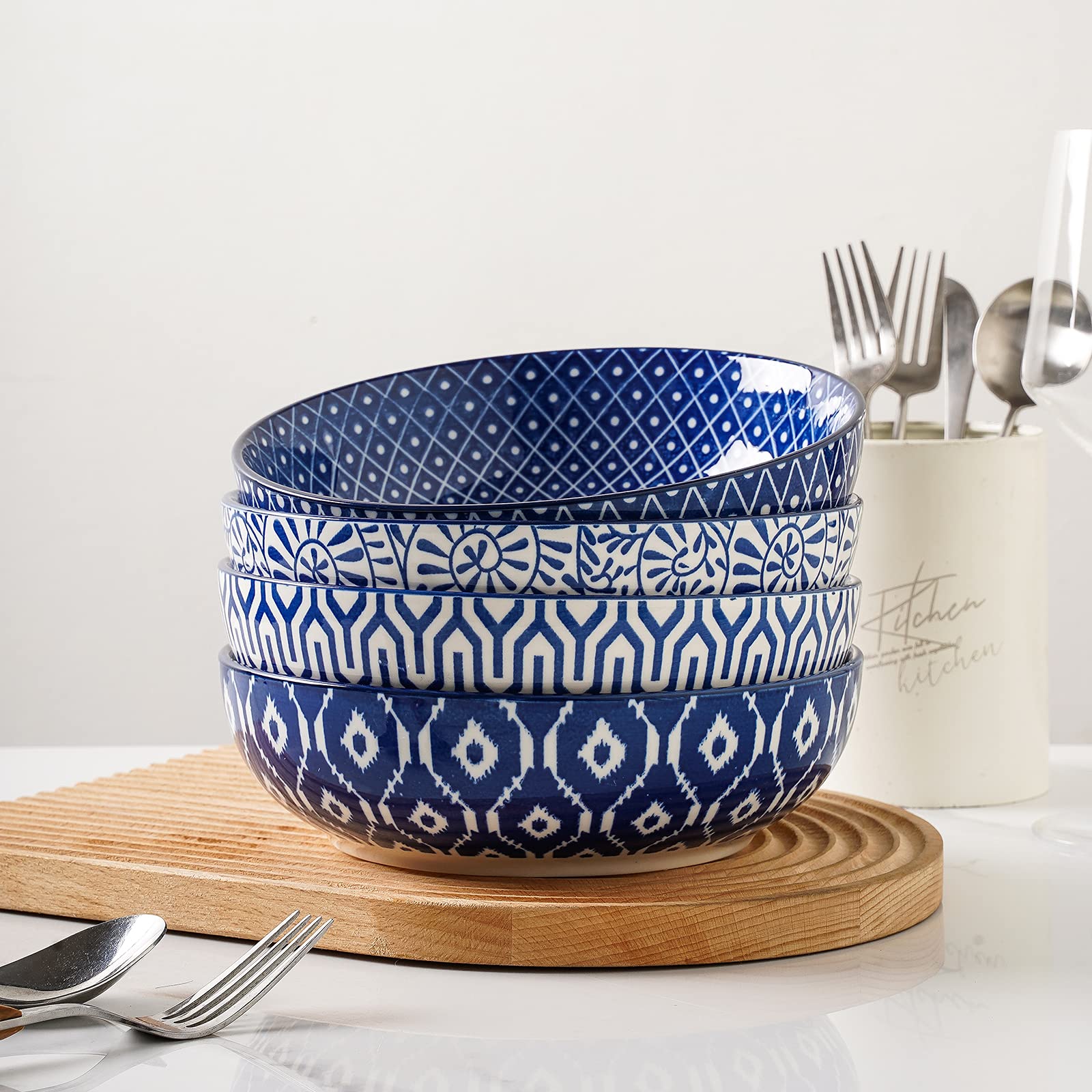 Selamica Ceramic Pasta Bowls Set of 4, 8 Inch Wide & Shallow, Vintage Blue, Microwave & Dishwasher Safe