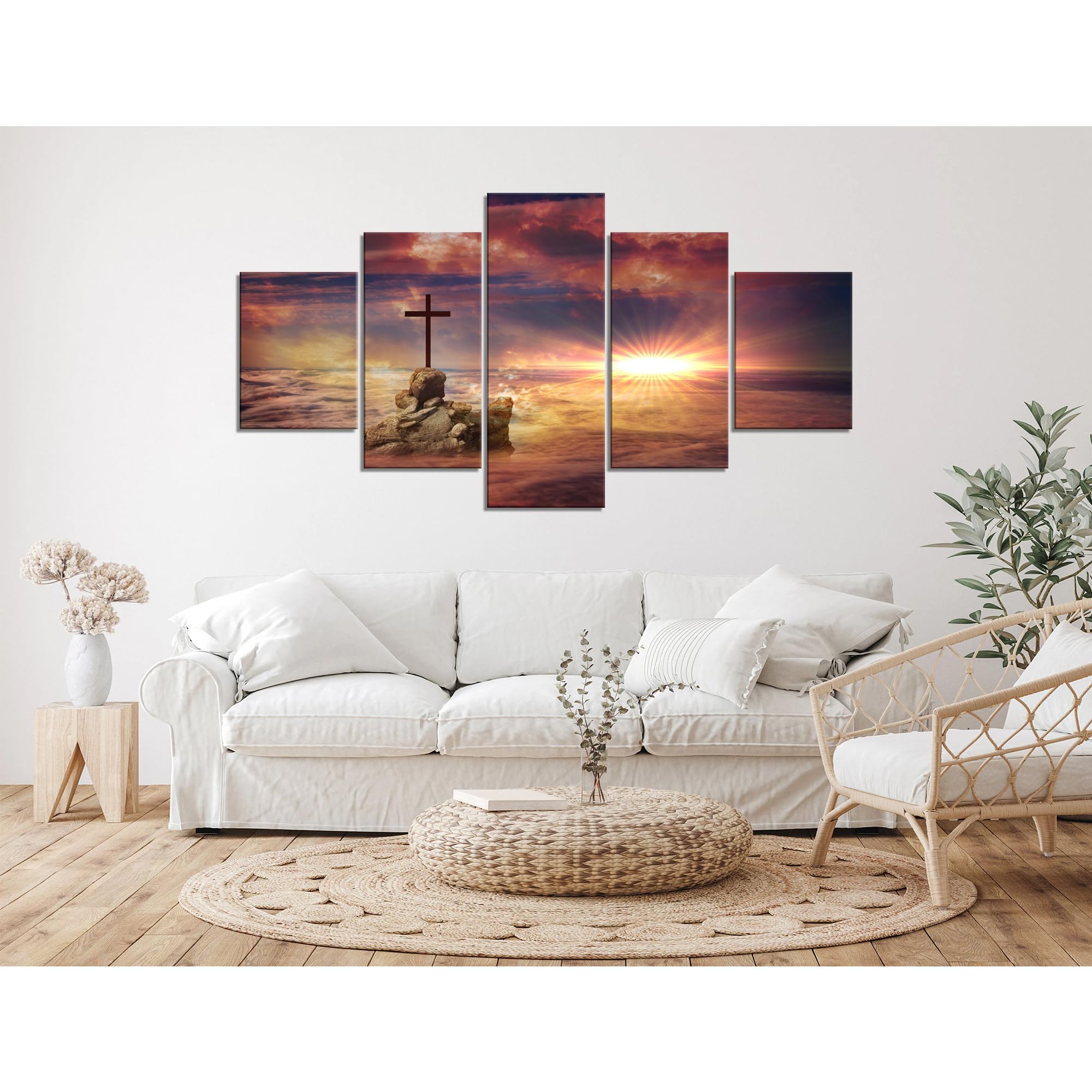 Cross on a Rock Wall Decor Religious Jesus Christ Spiritual Wall Art Picture Canvas Print Christian Poster Painting Framed Home Living Room Bedroom Decoration Ready to Hang(60''Wx32''H)