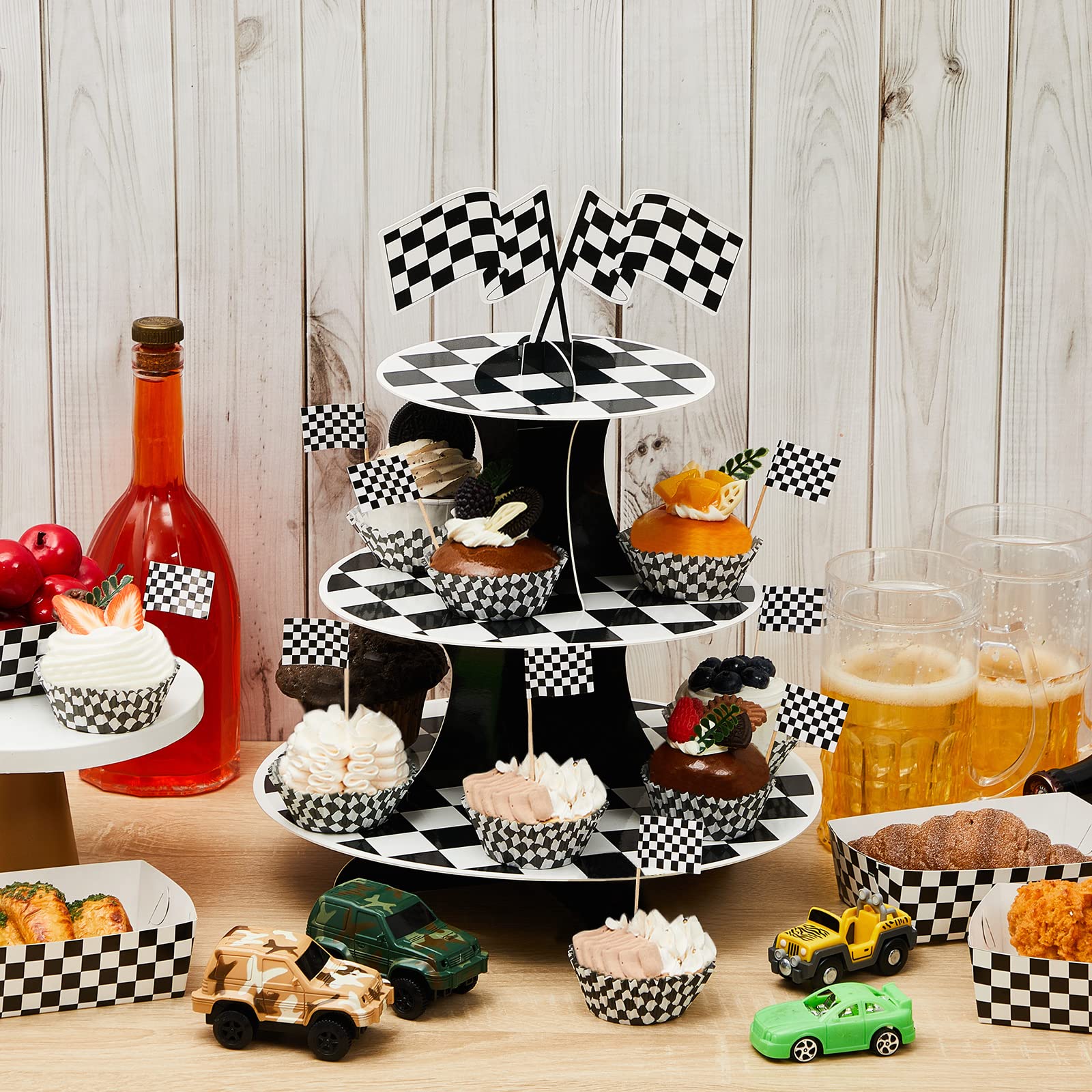 3 Sets Race Car Party Decorations 3 Tier Round Cardboard Cupcake Stand For Racing Cars Birthday Party Supplies 100 Checkered Bak