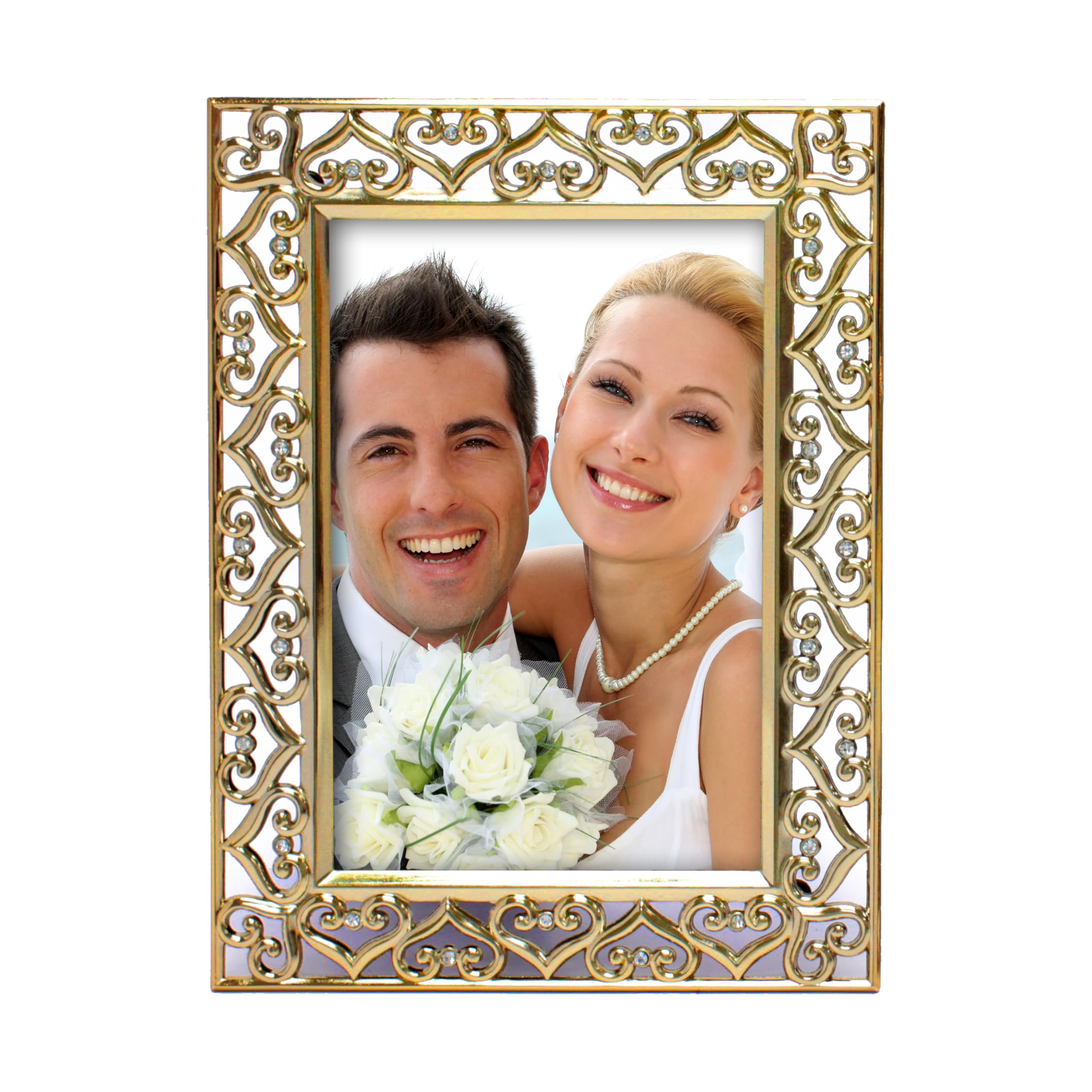 MIMOSA MOMENTS Hearts Pierced Jewel Bling Brass 4x6 Wedding Picture Frame, Tabelop Photo Frame Display Horizontal or Vertical 4x