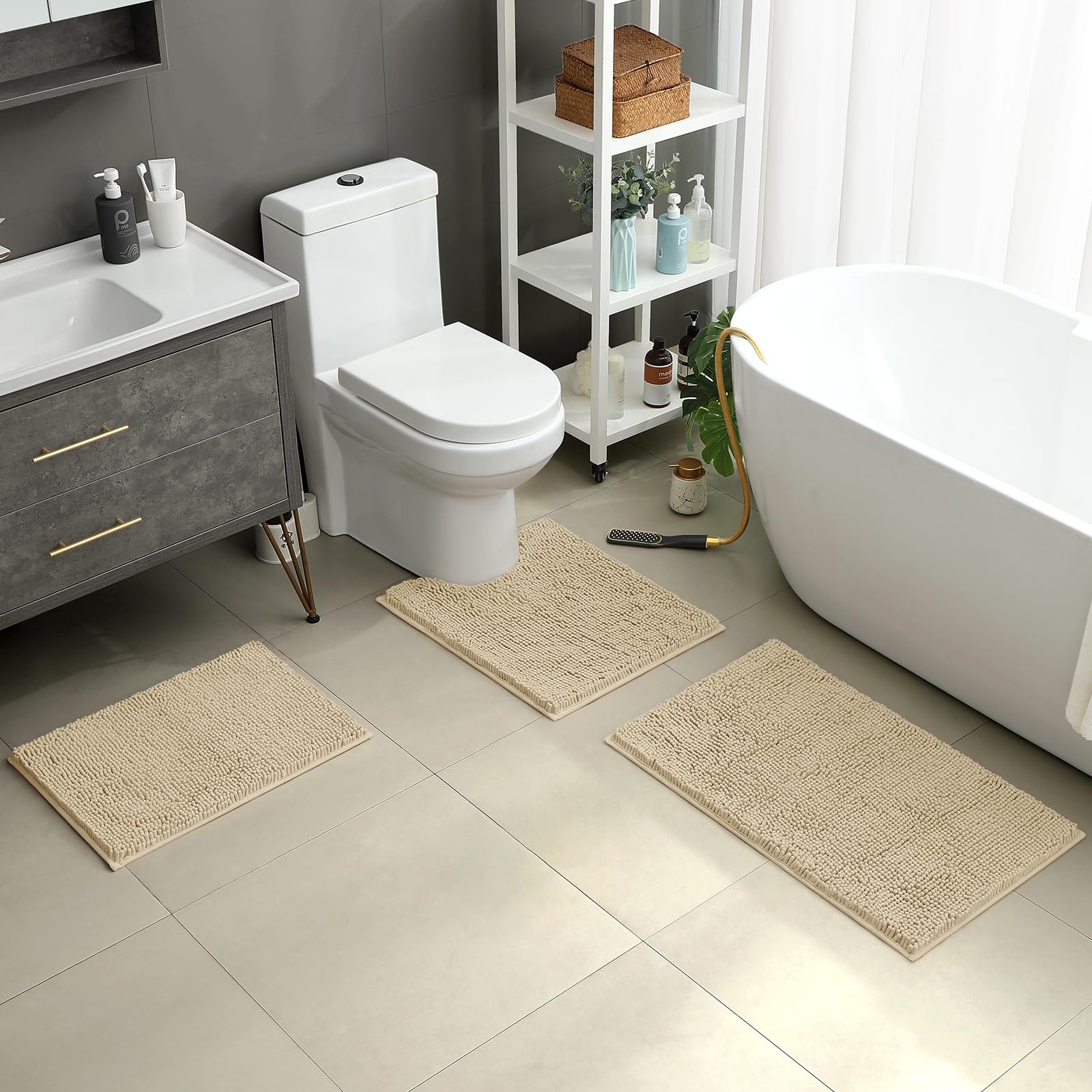 Homeideas 3 Pieces Bathroom Rugs, Ultra Soft Non Slip Absorbent Chenille Toilet Bath Mat Set (Beige)