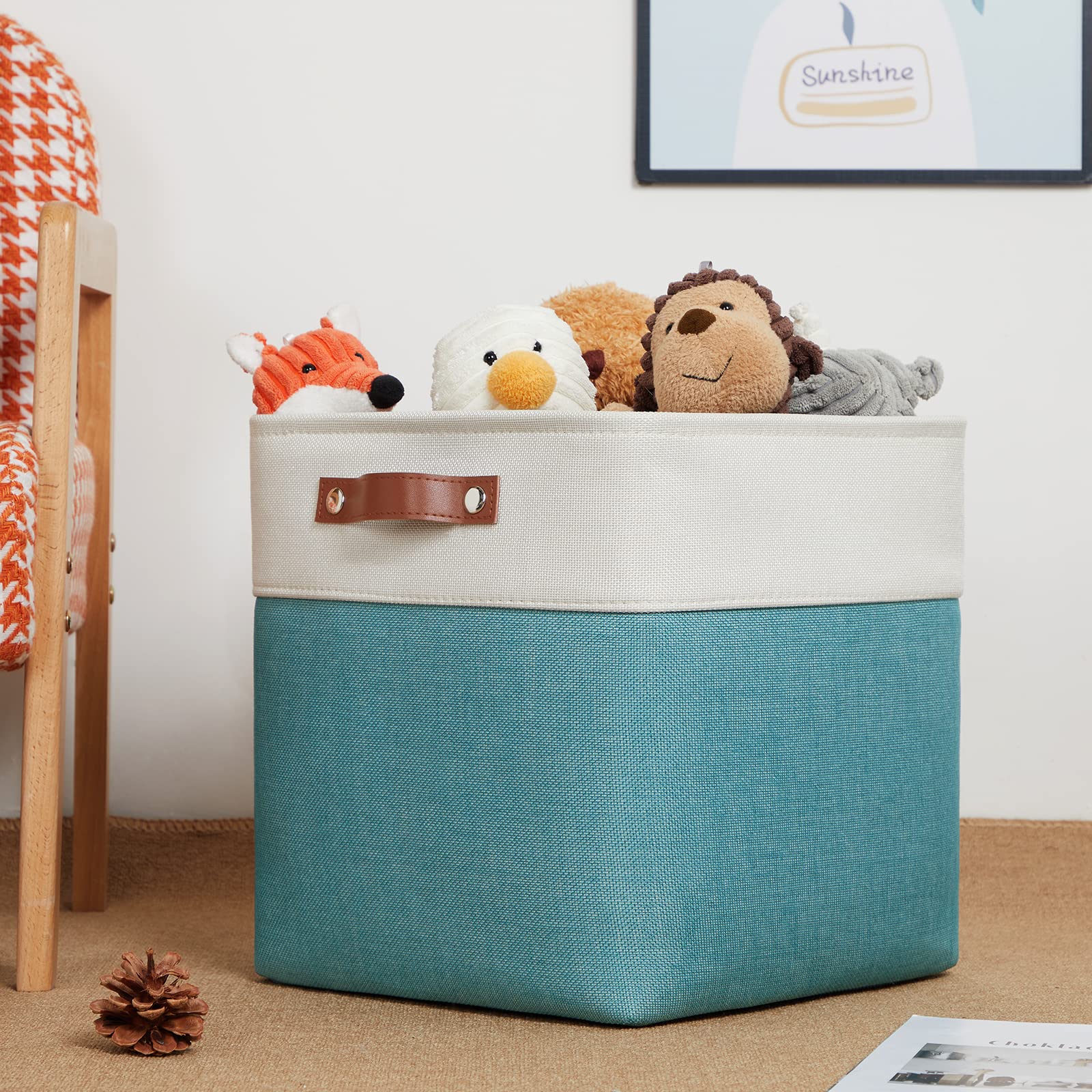DULLEMELO Square Storage Cubes Baskets for Gifts Empty  12 inch Cube Stroage Bins Linen Closet Organizers and Storage Baskets for Toy Nursery Shelves Bedroom Storage(4 Pack - 12 '' White&Teal)