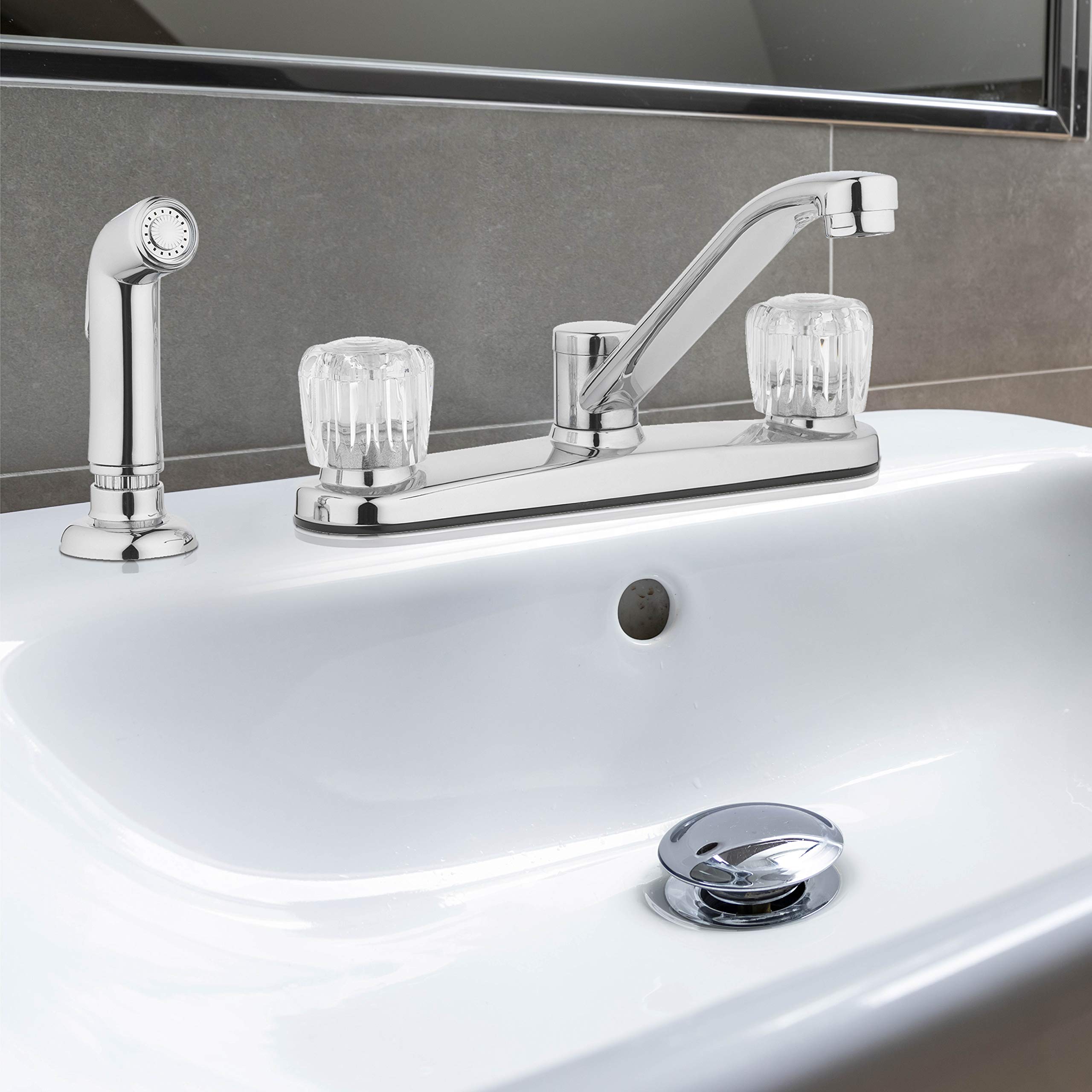 Aqua Vista 26-K82CS-CH-AV Two Handle Kitchen Sink Faucet with Side Spray  Polished Chrome Round Knobs