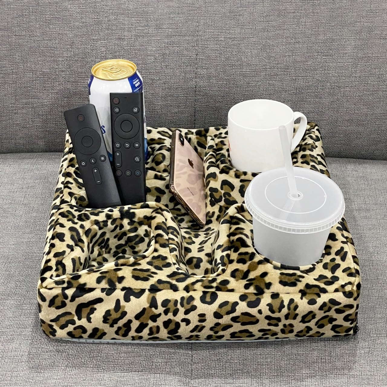 Couch and Bed Cup Holder Pillow  Sofa Refreshment Tray for Drinks/Remote Control/Snacks Holder (Leopard)