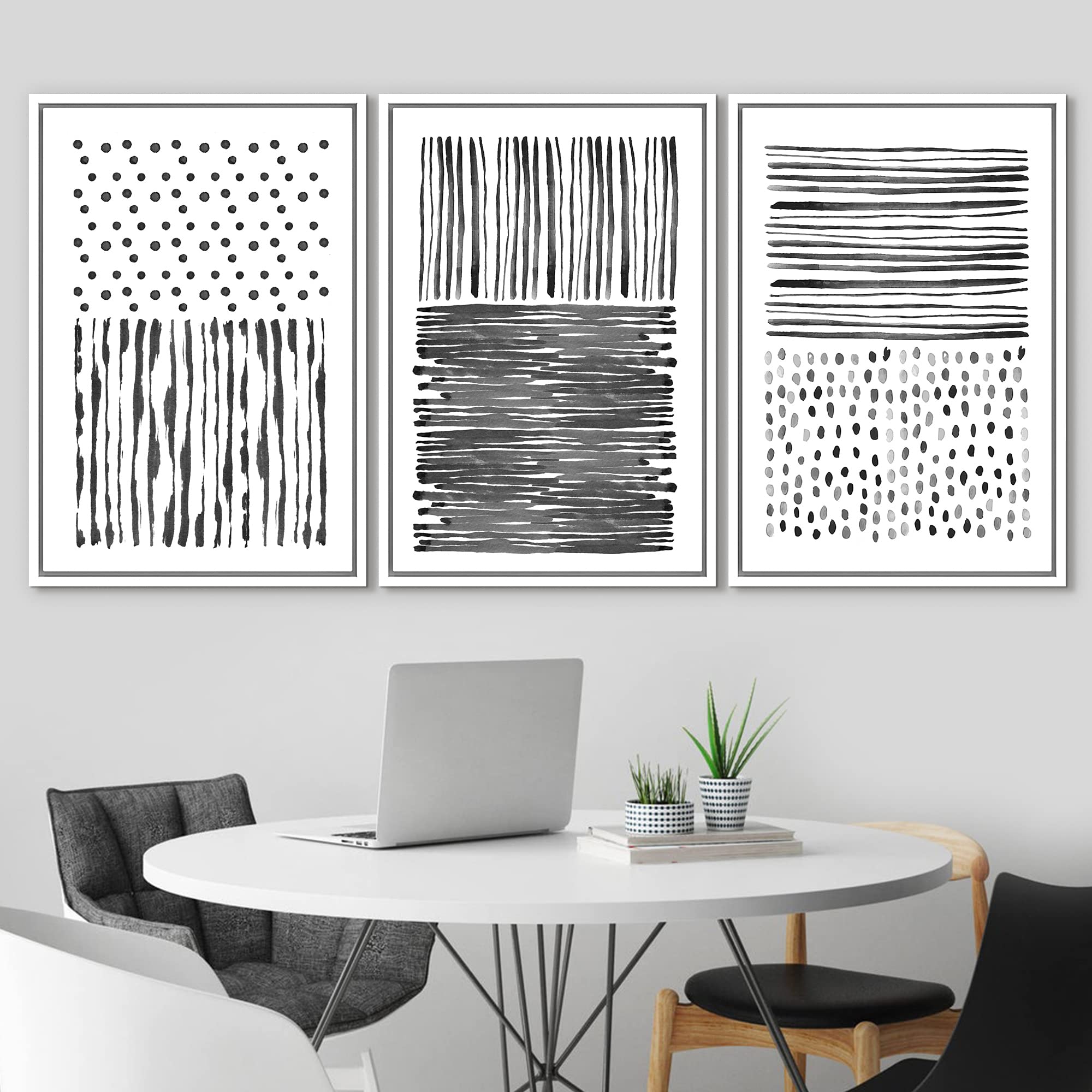 Idea4Wall Framed Wall Art Print Set Black Lines With Gray Dots Geometric Shapes Illustrations Modern Art Minimalist Scenic For L