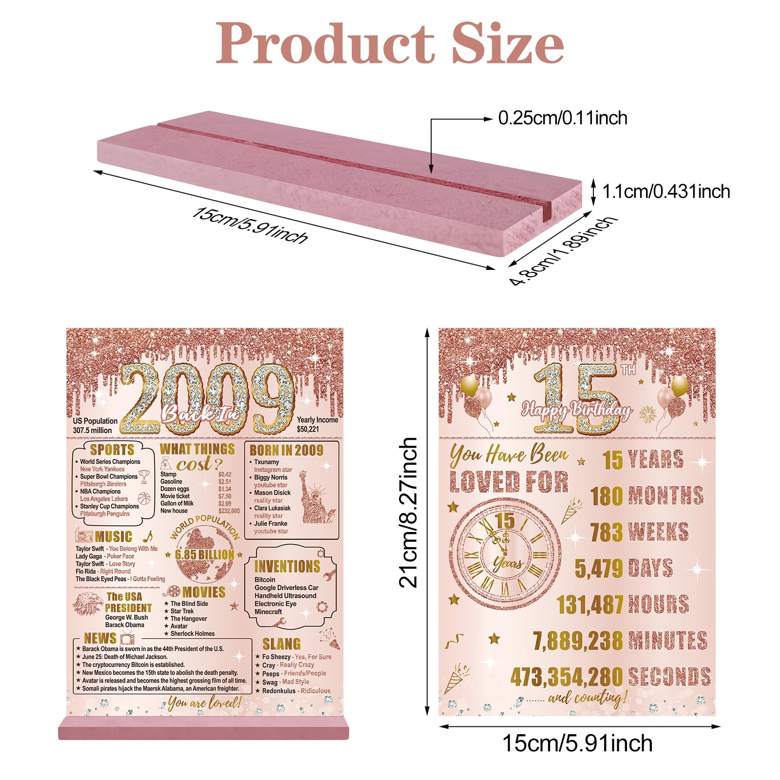 Bumqviy 15Th Birthday Decorations Back In 2009 Table Sign For Girls Women, Pink Rose Gold Happy 15Th Birthday Two-Sided Wooden P