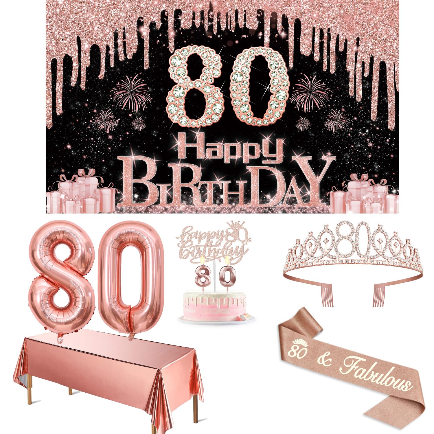80Th Birthday Decorations For Women With Banner, Rose Gold Tablecloth, Number Balloons, 80Th Birthday Sash And Tiara, Cake Toppe