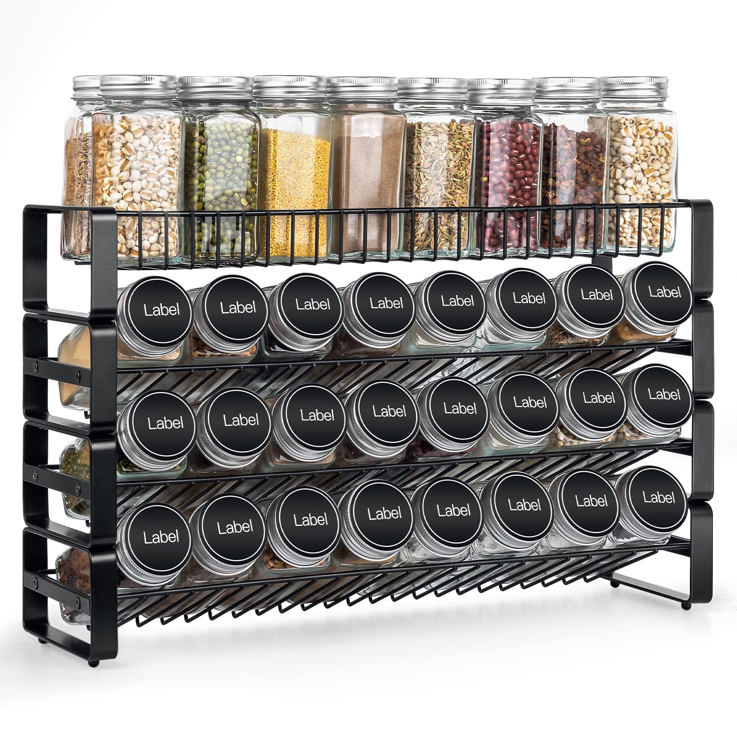 JONYJ 4 Tier Stackable Seasoning Rack Organizer, Detachable Countertop Spice Jar Rack for Cabinet, Freestanding , Black Frosted